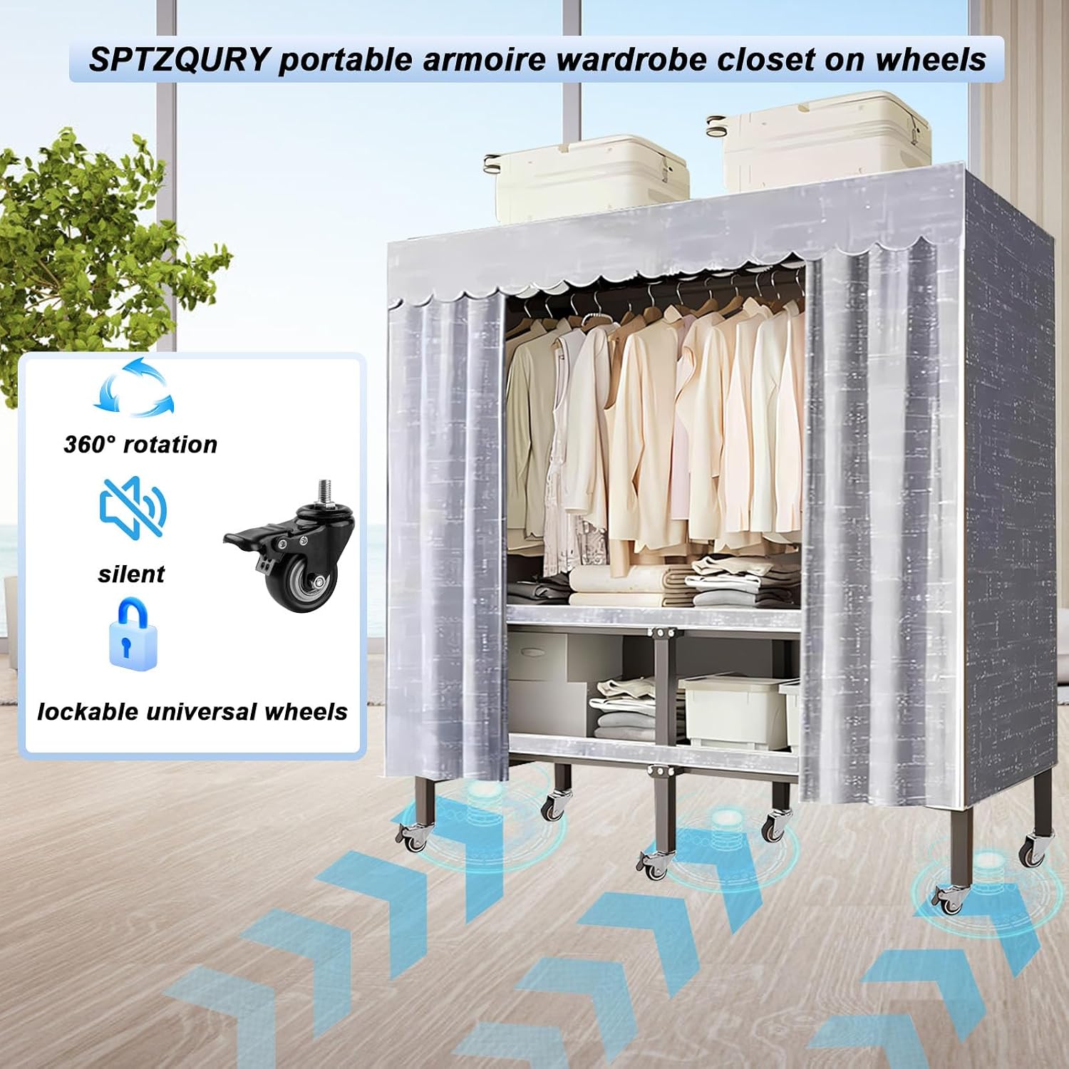 Heavy Duty Rolling Covered Metal Garment Rack with Lockable Wheels and Door, Load 2000lbs, Portable Closets for Hanging Clothes, Large Capacity 360°Enclosed Clothing Racks (A, 33.5in/85cm)
