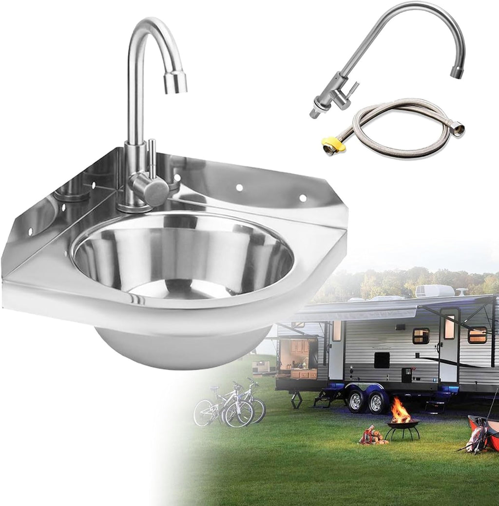 RV Sink,Wall Mounted Stainless Steel Corner Washbasin, Corner Kitchen Sink with Tap, Sink Drain Pipe, Ideal for RV, Boat, Bathroom, Kitchen, Toilet
