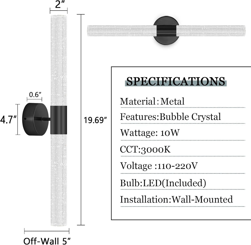 Black Wall Sconces Set of 2 LED Modern Sconces Dining Room Wall Lighting 10W 3000K LED Wall Lights Crystal Hardwired Wall Light Fixtures for Living Room Bedroom Bathroom Hallway