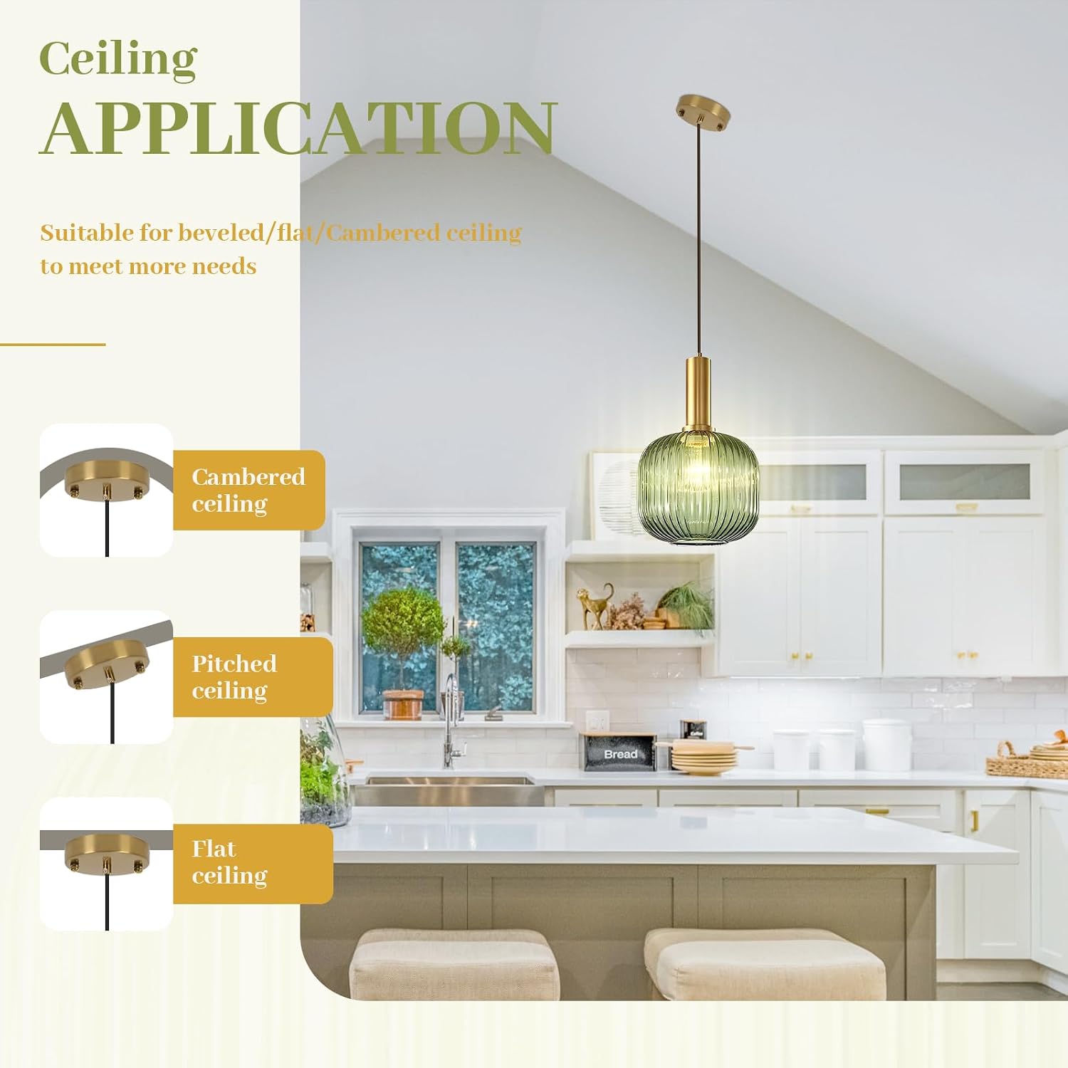 Green Glass Pendant Light Vintage Kitchen Pendant Lighting Over Island Sink Mid Century Modern Gold Hanging Pendant Light Fixture for Bedroom Living Room Dining Room