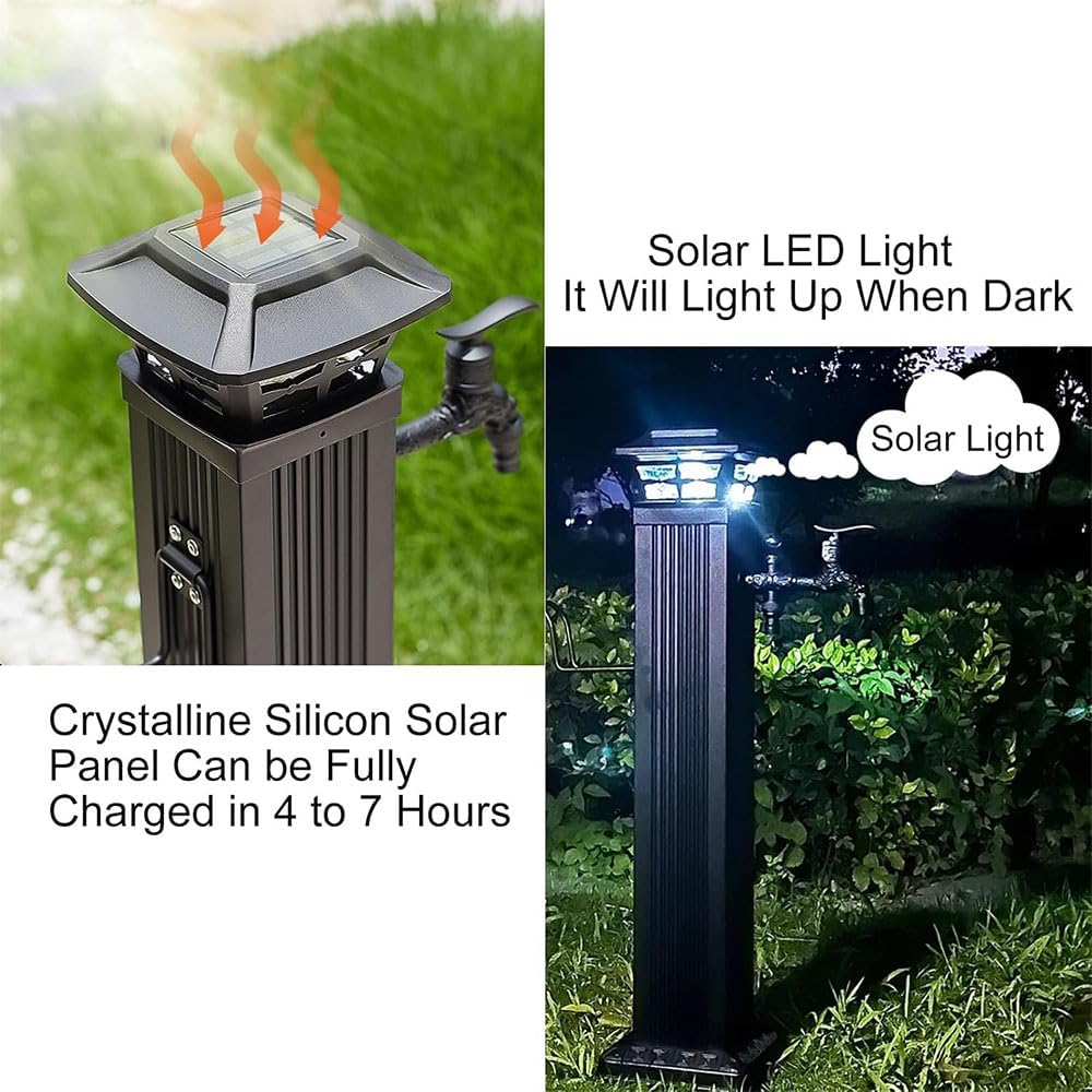 Garden Floor Mount Water Tap Stainless Steel Cylindrical Water Column, Outdoor Anti-Freeze Water Pipe with Solar LED Light, Yard Water Dispenser Hydrant Water Feature Fountain,35in