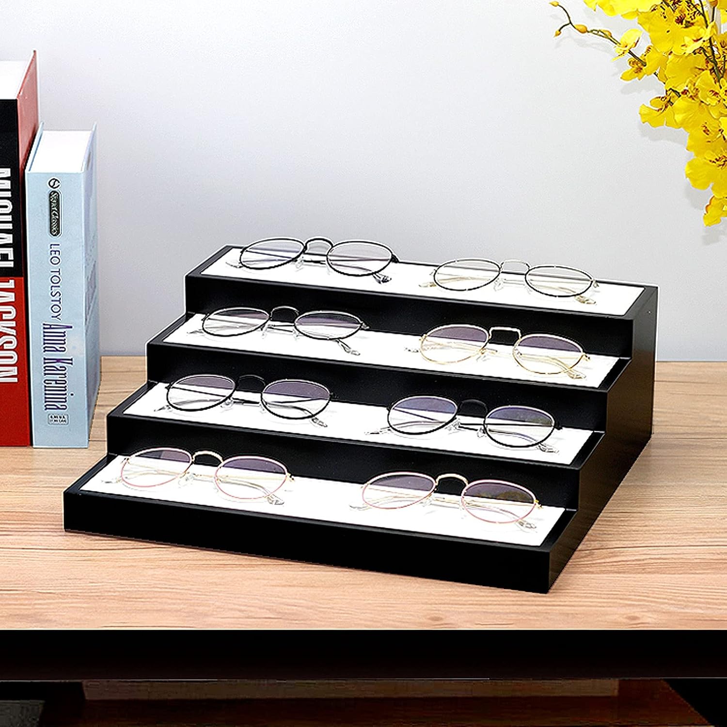 Eyeglass Displays 4 Tier Wood Sunglasses Organizer Paint Eyeglasses Display Holder Eyewear Storage Tray Box for 8 Pair Glasses Tabletop Holder Stand Display Risers