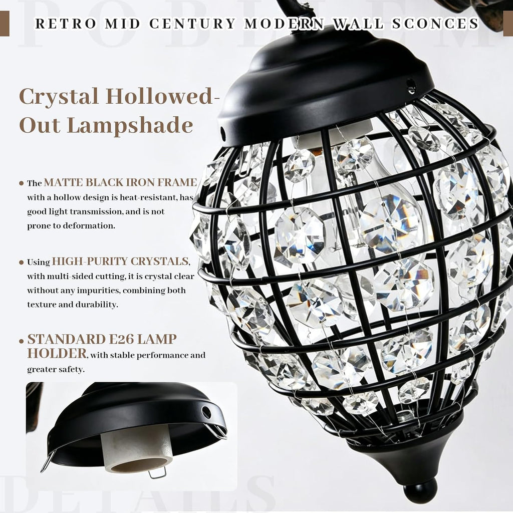 Retro Mid Century Modern Wall Sconces with Clear Crystal Shade Lion Head Decor 17.7' Large Black Wall Lights Fixtures for Living Room Bedroom Bedside Stairs Bathroom