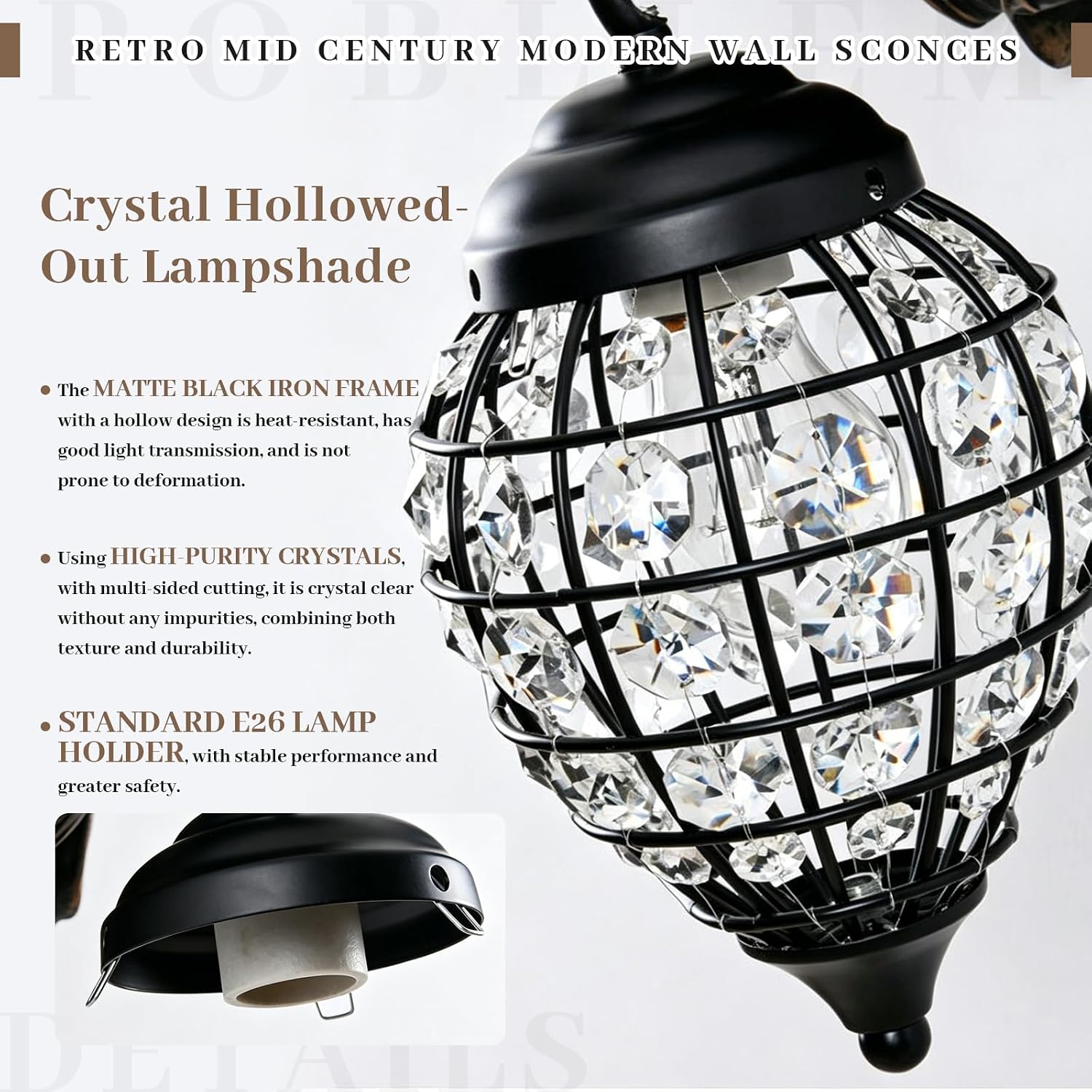 Retro Mid Century Modern Wall Sconces with Clear Crystal Shade Lion Head Decor 17.7' Large Black Wall Lights Fixtures for Living Room Bedroom Bedside Stairs Bathroom