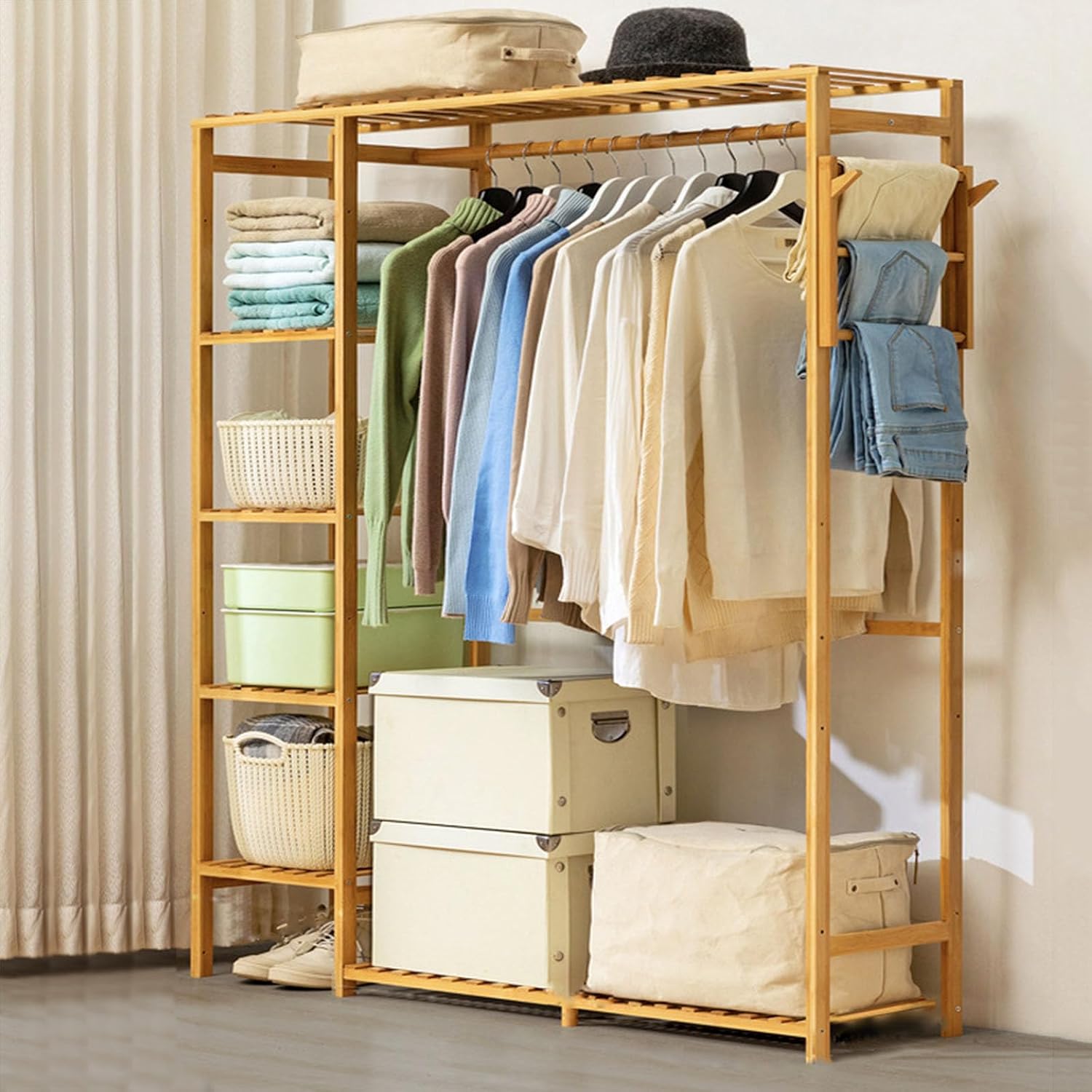 Garment Racks for Hanging Clothes - Closet System with Side Trouser Rack - Clothing Rack with 5 Tiers Shelves Bamboo Clothing Rack for Balcony,Living Room,Bedroom,Wood,145×90cm/57×35in