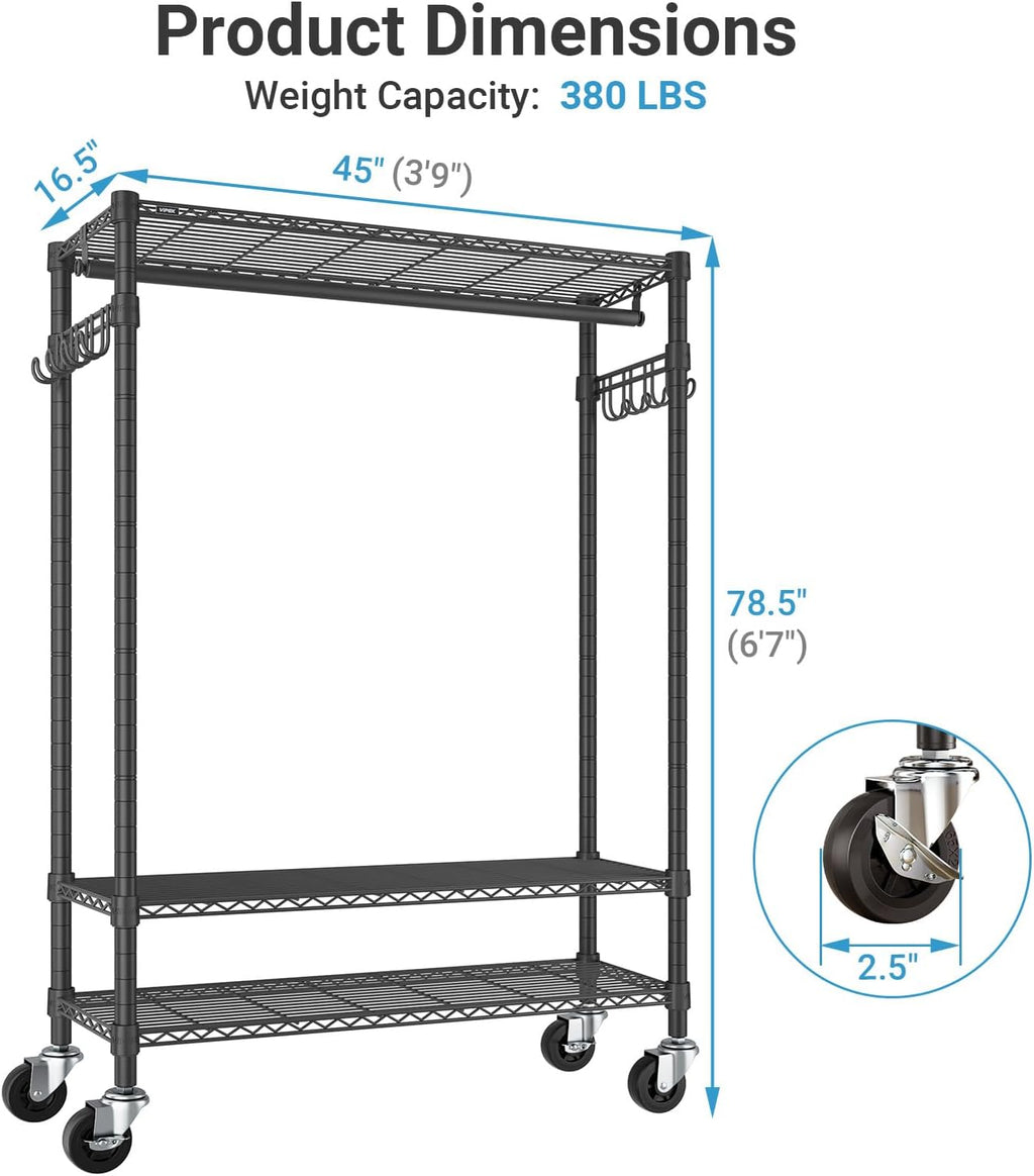 VIPEK R3 Plus Rolling Clothes Rack with Locking Wheels, Portable Closet for Hanging Clothes Heavy Duty Garment Rack with Adjustable Shelves and Side Hooks, Metal Wardrobe for Home Storage, Black