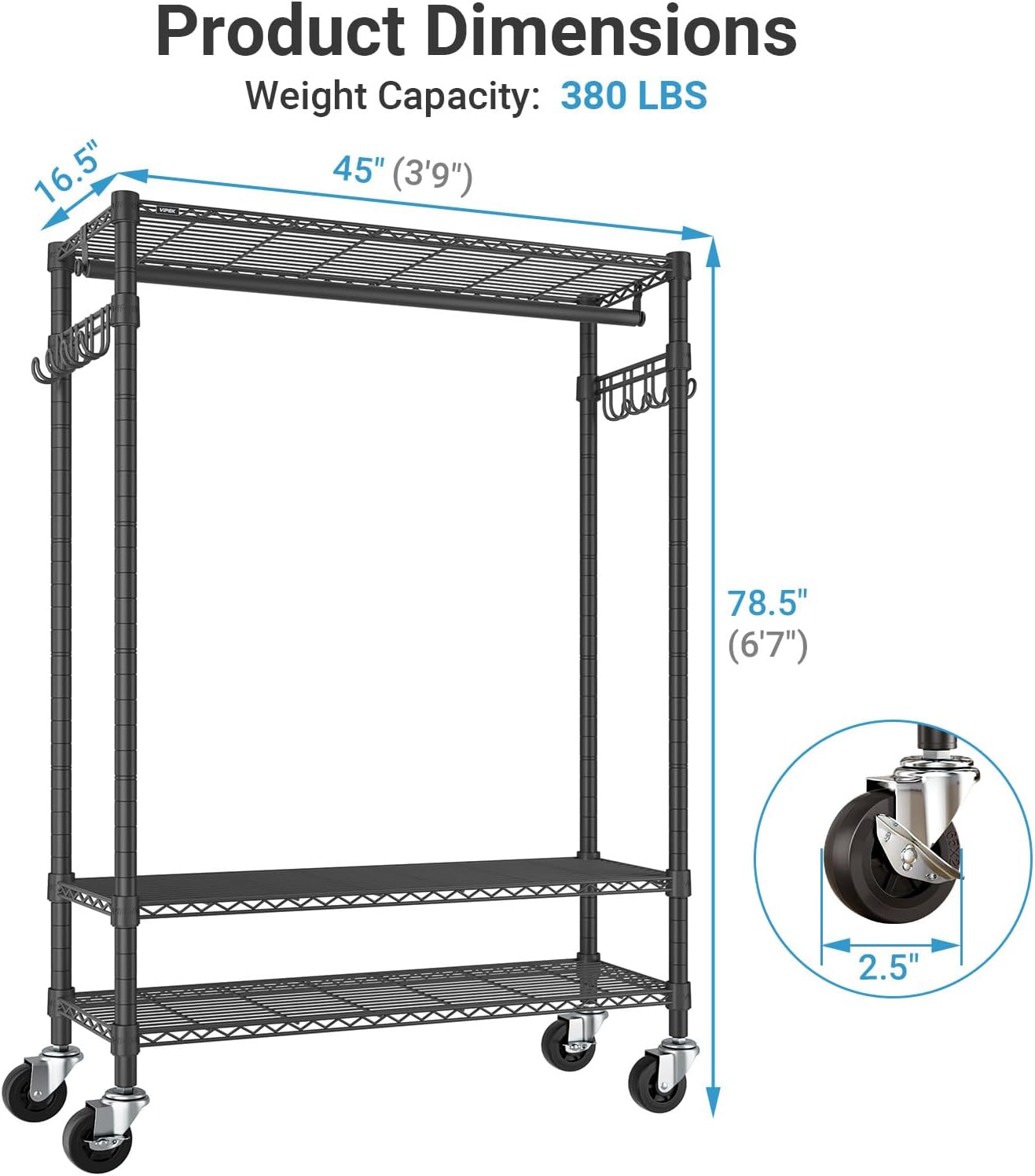 VIPEK R3 Plus Rolling Clothes Rack with Locking Wheels, Portable Closet for Hanging Clothes Heavy Duty Garment Rack with Adjustable Shelves and Side Hooks, Metal Wardrobe for Home Storage, Black