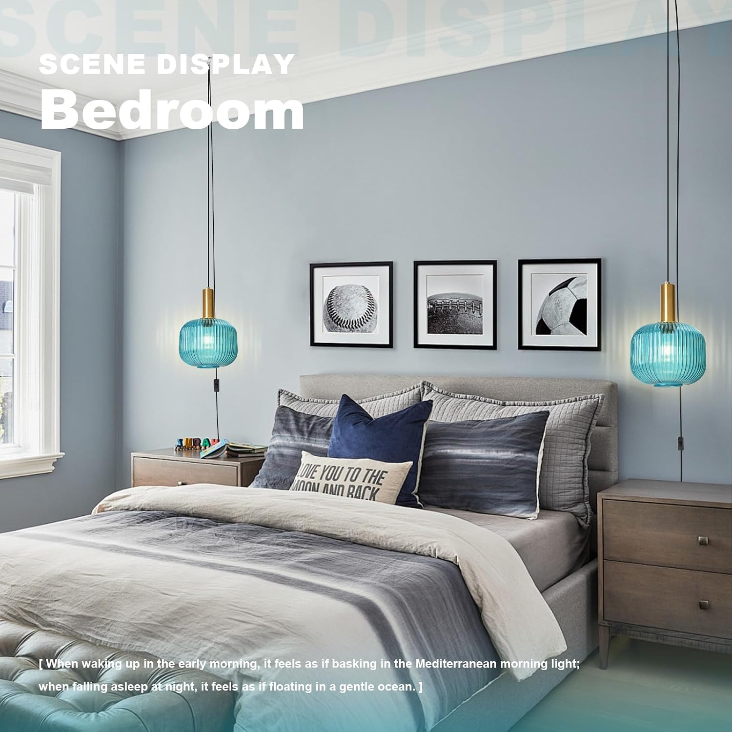2 Pack Blue Hanging Lamp Plug in Ceiling Light with Cord Modern Coastal Pendant Lighting Fixture Striped Glass Hanging Pendant Lights for Living Room Bedroom Beach House Kitchen Gold