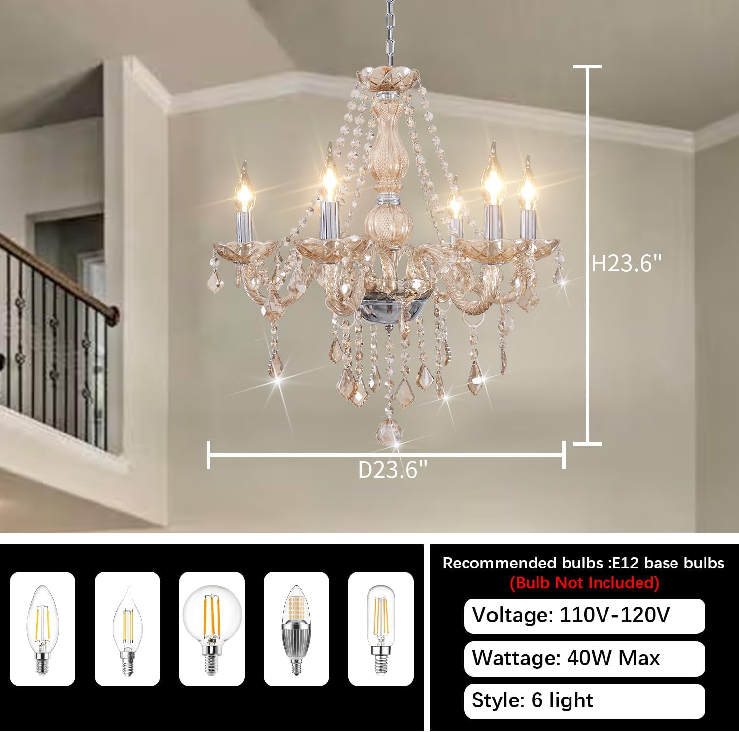 Crystal Chandeliers for Dining Room, 6-Lights Classic Cognac Pendant Light K9 Vintage Chandelier for Bedroom, Candle Ceiling Light Fixture Cognac Chandelier for Living Room Wedding Decor