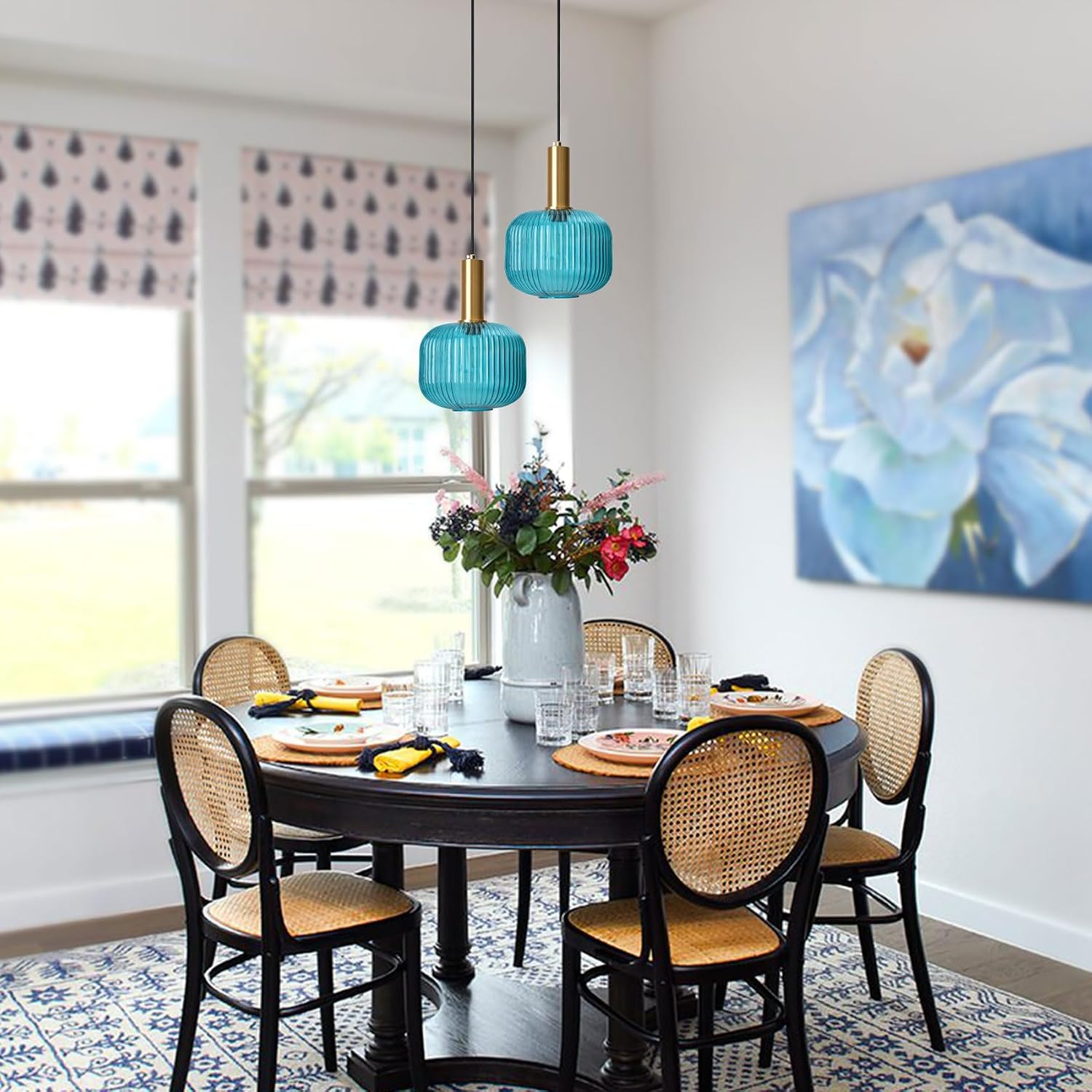 2 Pack Blue Hanging Lamp Plug in Ceiling Light with Cord Modern Coastal Pendant Lighting Fixture Striped Glass Hanging Pendant Lights for Living Room Bedroom Beach House Kitchen Gold