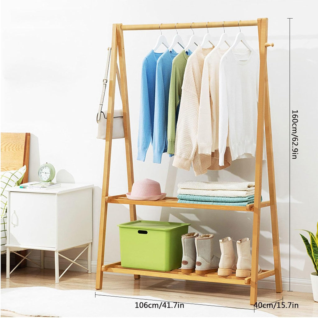3 In 1 Bamboo Coat Stand Hanging Clothes Rail Shoe Storage Shelves Garment Rack Foldable Freestanding Clothes Hat Hanger Stand For Entryway Bedroom Hallway,Woodcolor,106 * 40 * 160cm