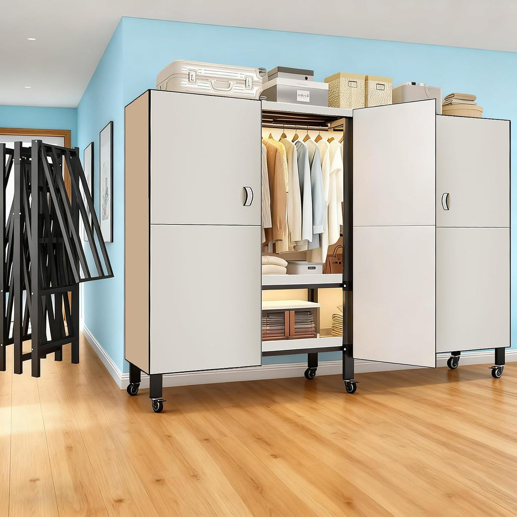 Foldable Portable Armoire Wardrobe Closet for Hanging Clothes Rack, Heavy Duty Covered Clothes Rack with Cover(HARDBOARD Magnetic), Closet Garment Rack for Bedroom Storage (KT Off-white, 70.86in)