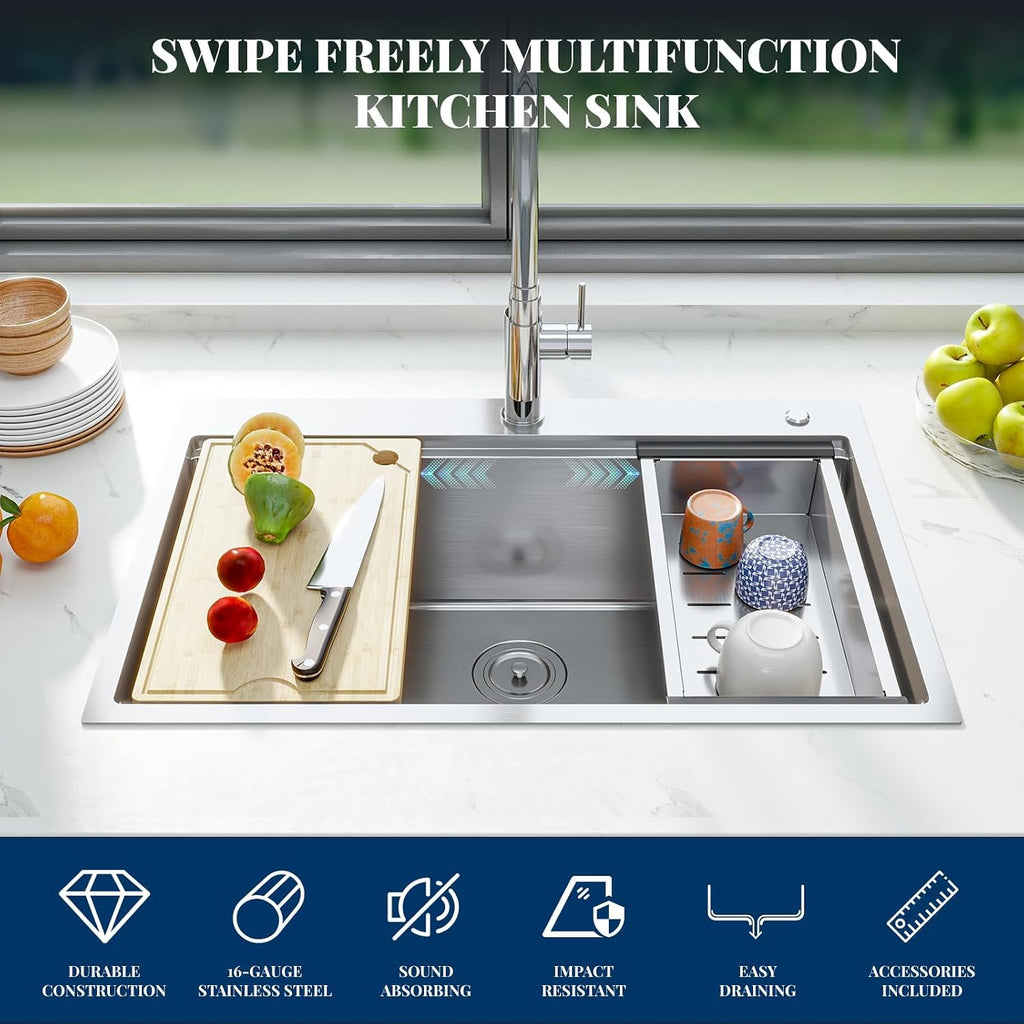 Senfot 30 Inch Drop In Kitchen Sink, Topmount Kitchens Bar Sink with Single-tier Track, Stainless Steel Single Bowl Sinks with Drain Strainer, Bottom Rise Grid, Full Accessories, Brushed Nickel