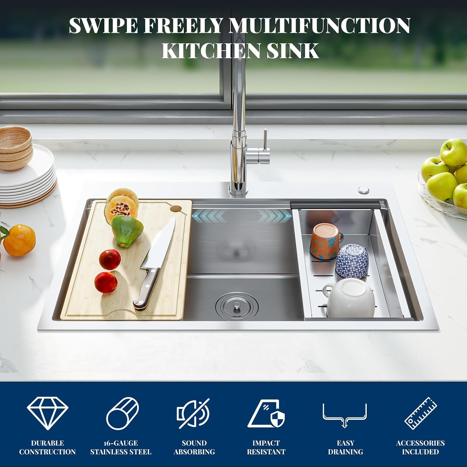 Senfot 30 Inch Drop In Kitchen Sink, Topmount Kitchens Bar Sink with Single-tier Track, Stainless Steel Single Bowl Sinks with Drain Strainer, Bottom Rise Grid, Full Accessories, Brushed Nickel