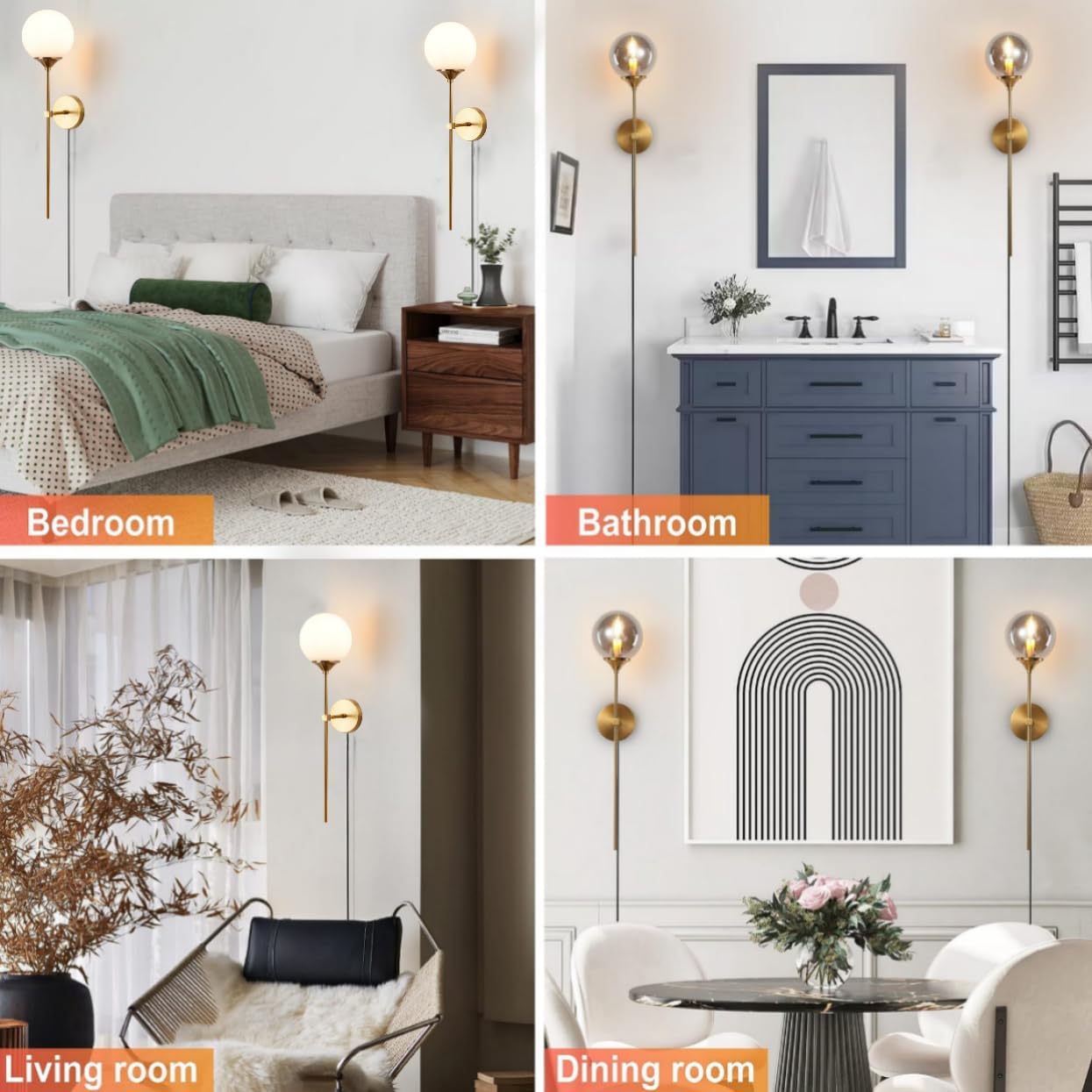 Glass Globe Plug in Wall Sconce Smoke Gray Shade Mid-Century Modern Wall Light Set of 3 Gold Long Wall Mounted Lamp for Bathroom Bedroom Living Room