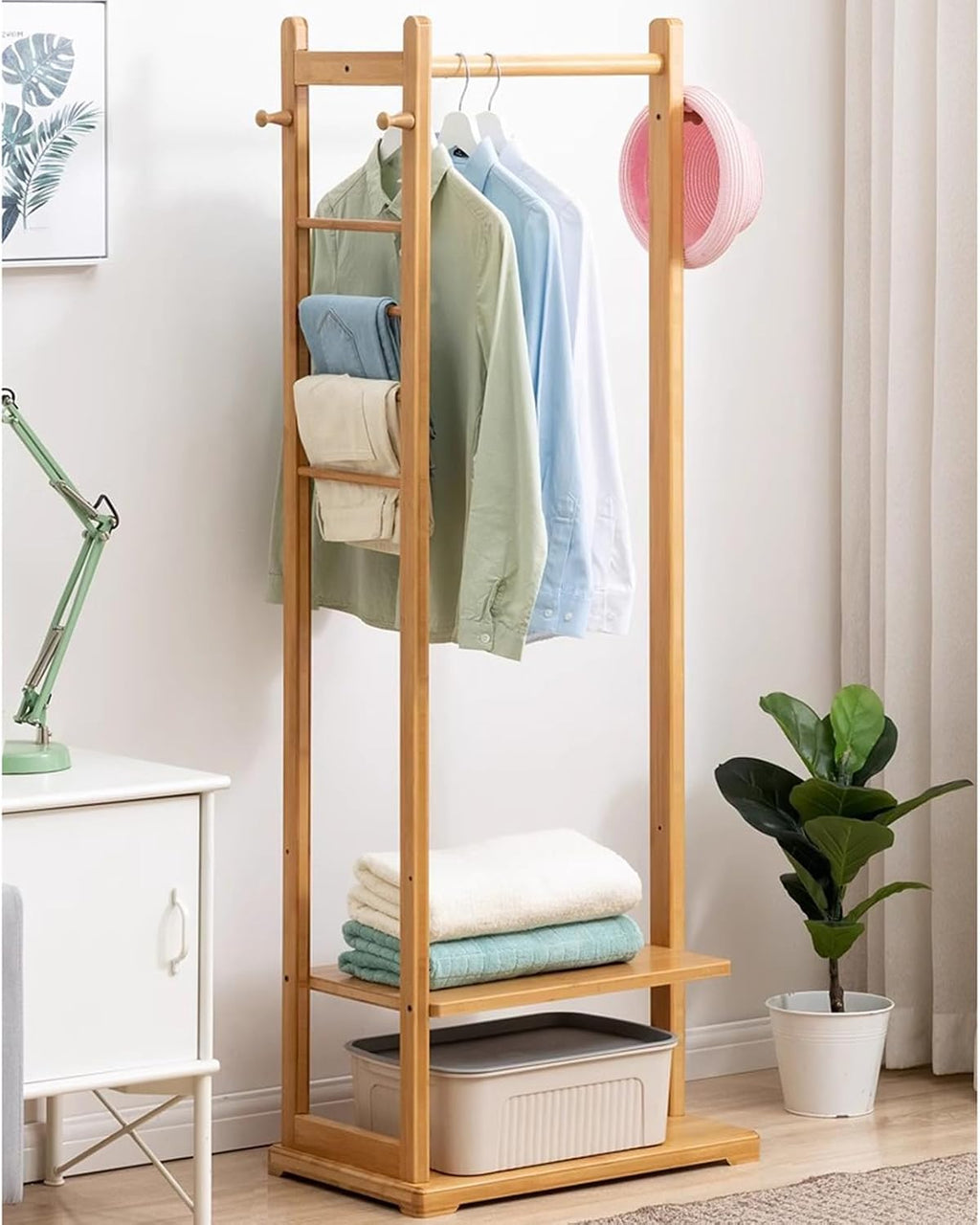 Garment Rack Bamboo Clothing Rack, Corner Coat Rack Stand Hall Trees For Entryway Bedroom And Living Room, Free Standing Clothes Hanging Rail With 2 Shelves, 3 Hooks And Pants Hange(Color:Wood color)