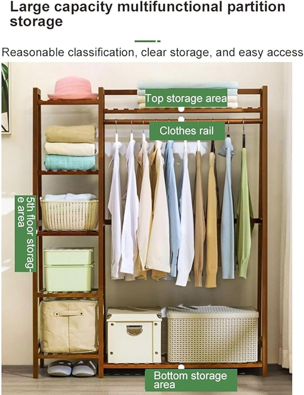 Bamboo Clothing Garment Rack, 5 Tier Clothes Storage Hanging Rack, Portable Wardrobe Closet Organizer Shoe Storage Shelves for Living Room Bedroom Hallway Entryway,A,80cm