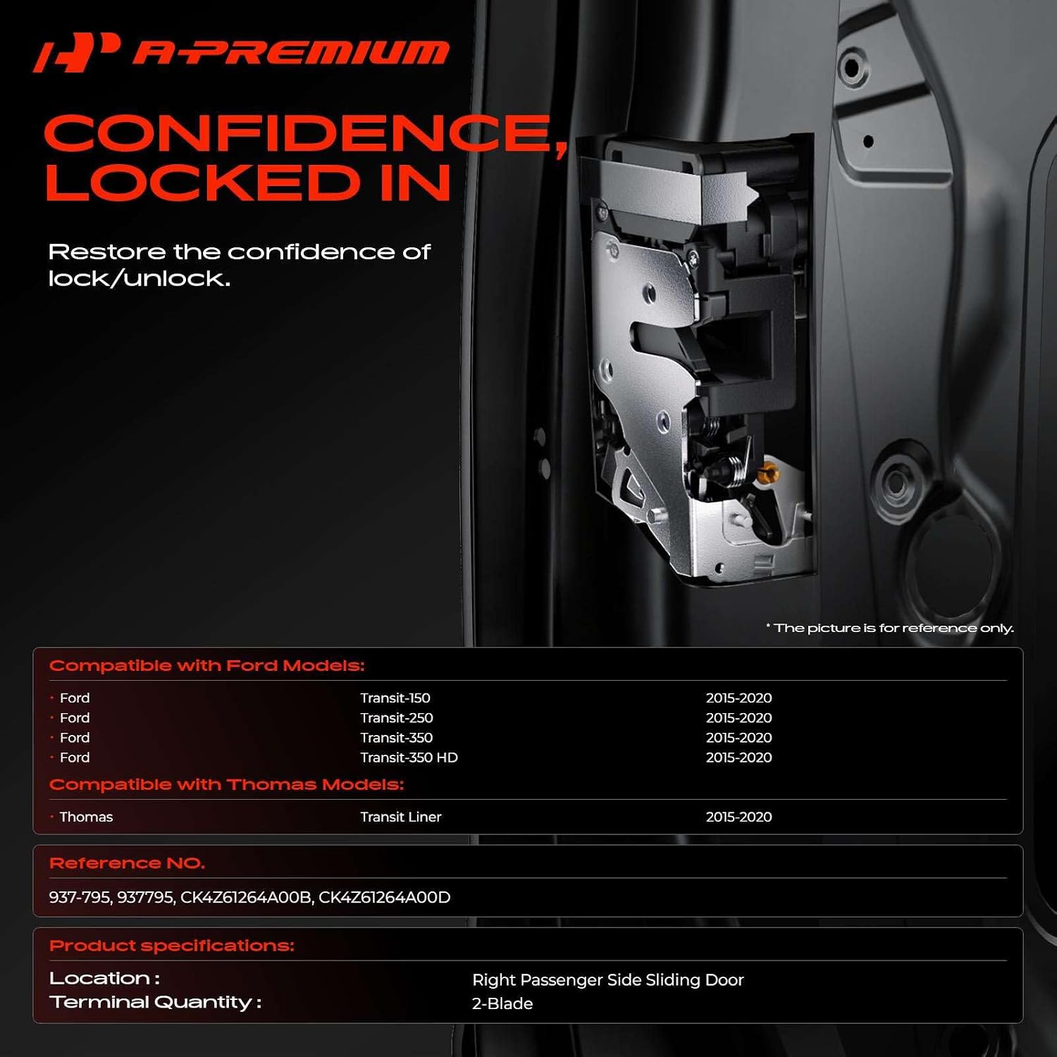 A-Premium Right Passenger Side Sliding Door Latch Lock Actuator Motor Compatible with 2015-2020 Ford Transit-150, Transit-250, Transit-350, Transit-350 HD & Thomas Transit Liner