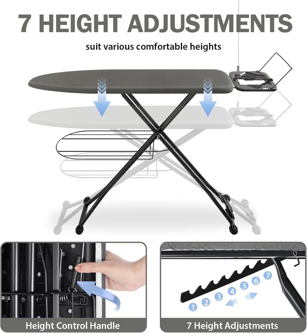 APEXCHASER Ironing Board, Compact Iron Board with Iron Rest and Hanger, Heat-Resistant Cover & 7 Adjustable Heights, Heavy Duty Ironing Board with Garment Rack, 13x43 Black