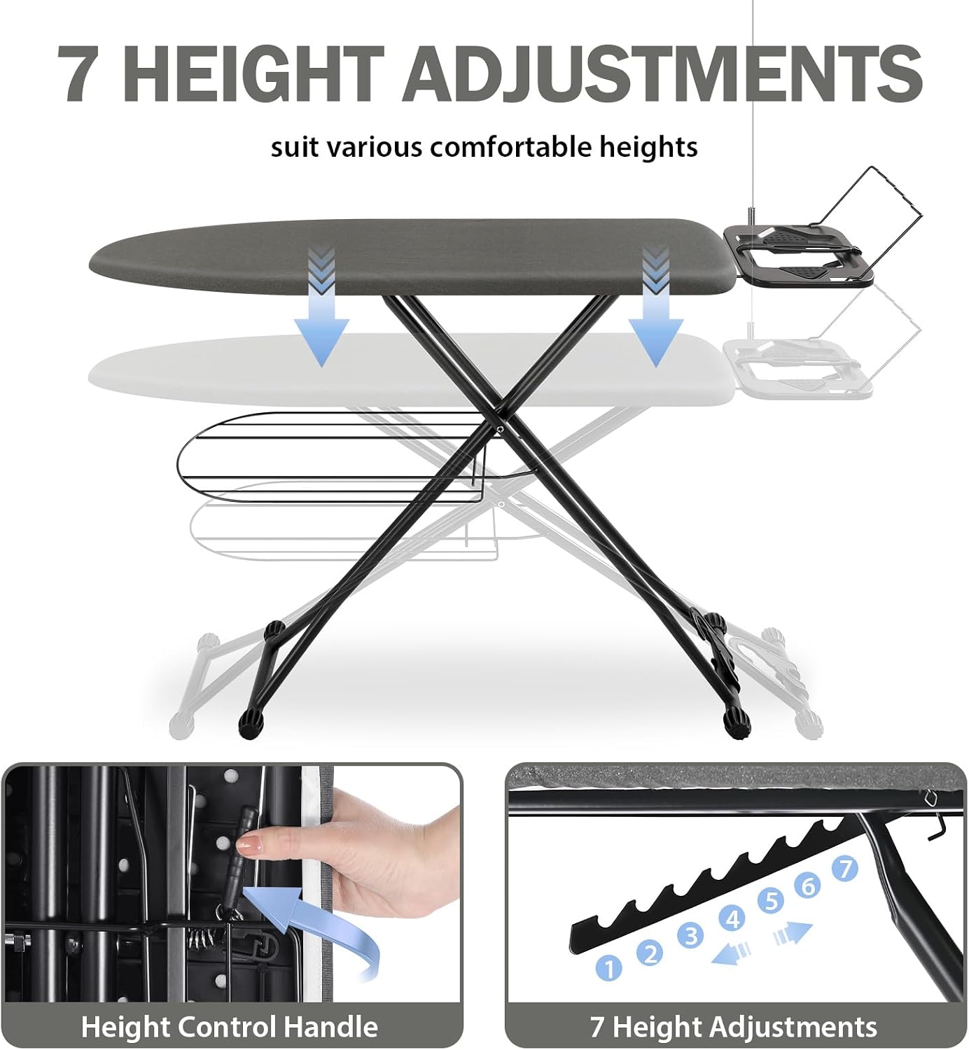 APEXCHASER Ironing Board, Compact Iron Board with Iron Rest and Hanger, Heat-Resistant Cover & 7 Adjustable Heights, Heavy Duty Ironing Board with Garment Rack, 13x43 Black