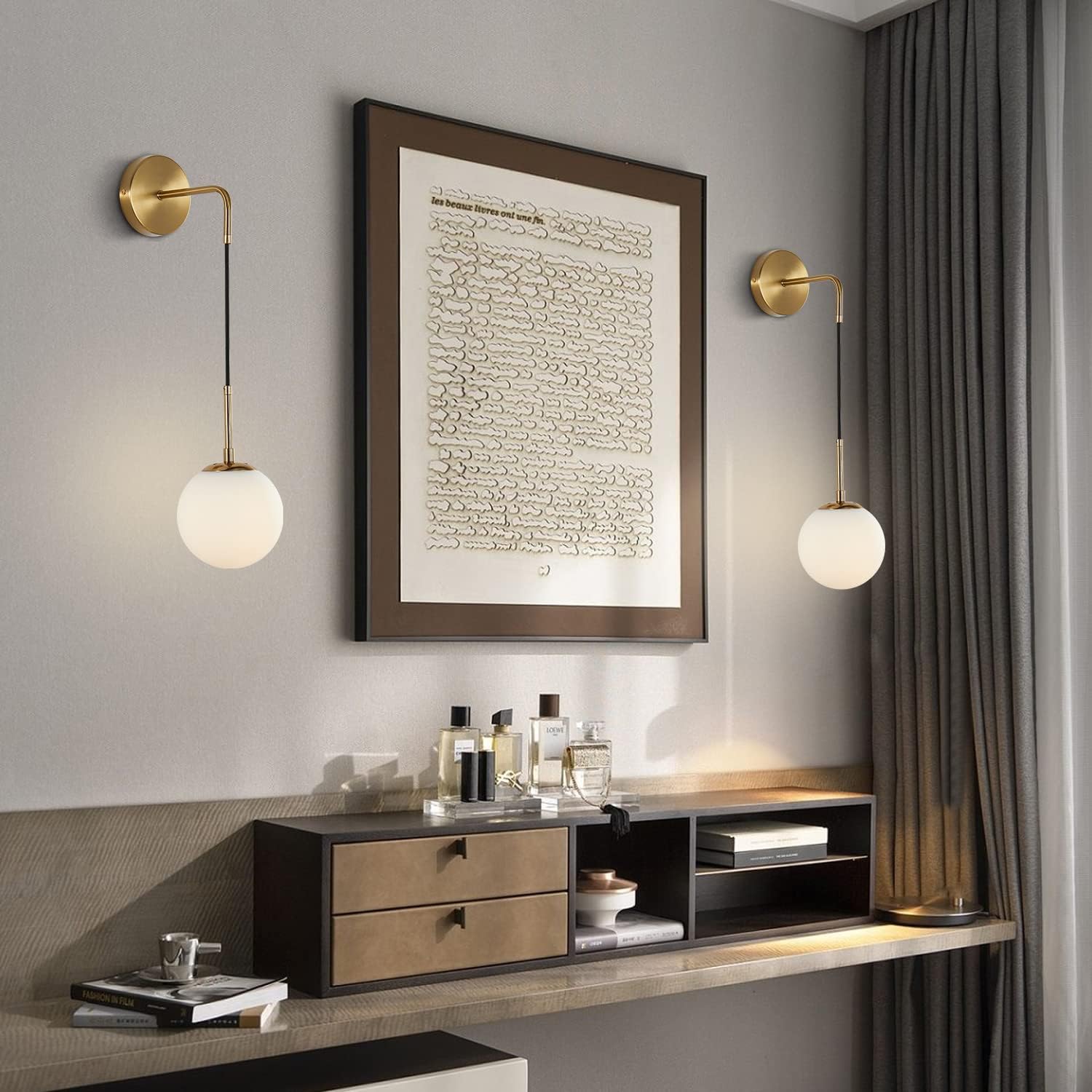 KCO Lighting Frosted White Glass Wall Sconce Set of Two Brass Gold Globe Ball Wall Light Adjustable Cord Industrial Vanity Wall Lamp for Bathroom Mirror Bedside Stairs (White)