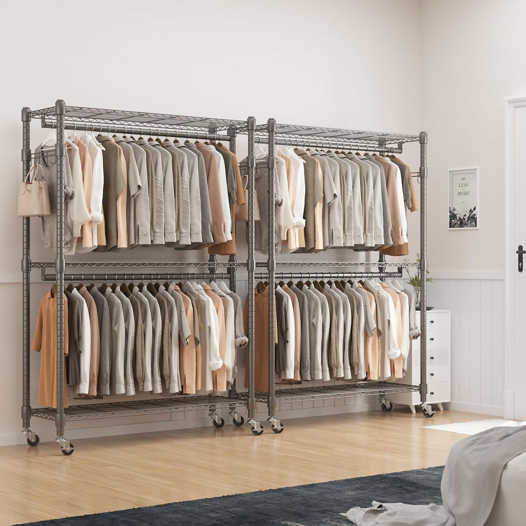 BATHWA Clothes Racks for Hanging Clothes, 25 mm tube Heavy Duty 47.3'W x 17.7'D x 80.7'H Large Wardrobe Rack with Shelves & Wheels Rolling Multifuctional for Bedroom Laundry Walk-in Closet Organizer