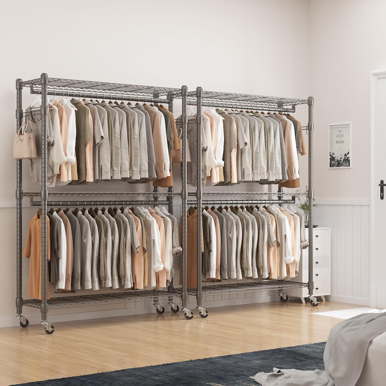 BATHWA Clothes Racks for Hanging Clothes, 25 mm tube Heavy Duty 47.3'W x 17.7'D x 80.7'H Large Wardrobe Rack with Shelves & Wheels Rolling Multifuctional for Bedroom Laundry Walk-in Closet Organizer