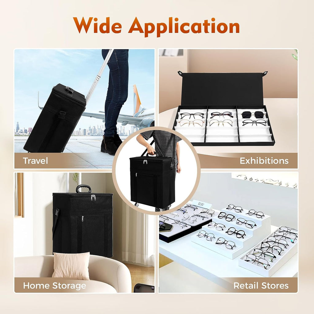 180 Pair Eyeglasses Trolley, 12 Trays Eyeglasses Collector Eyewear Display Case Optical Frame Glasses Display Case Travel Trolley Box Suitcase Black 180 Slots 18.1 * 10.6 * 22.4In