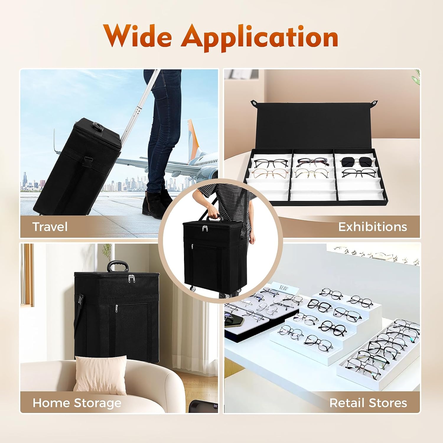 180 Pair Eyeglasses Trolley, 12 Trays Eyeglasses Collector Eyewear Display Case Optical Frame Glasses Display Case Travel Trolley Box Suitcase Black 180 Slots 18.1 * 10.6 * 22.4In