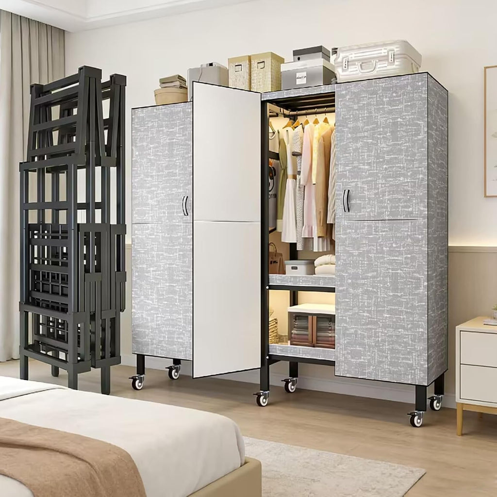 Foldable Portable Wardrobe On Wheels, Freestanding Garment Rack, with Magnetic Door 2000lbs, Heavy Duty Clothes Rack, for Bedroom Closet Systems (Grey, 85CM/33.4IN)