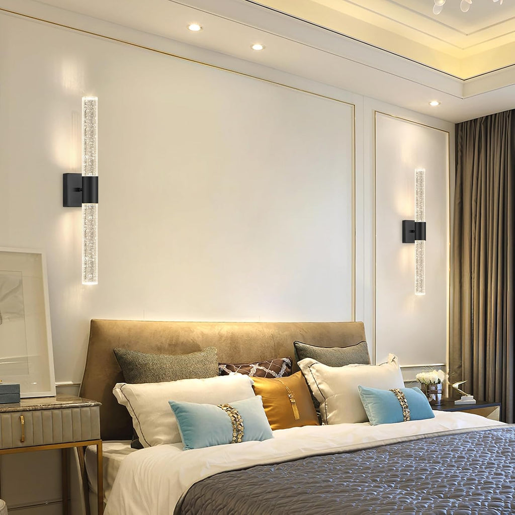Black LED Wall Sconces Set of 2 with LED Warm Light Interior Glam Crystal Wall Light, Hardwired