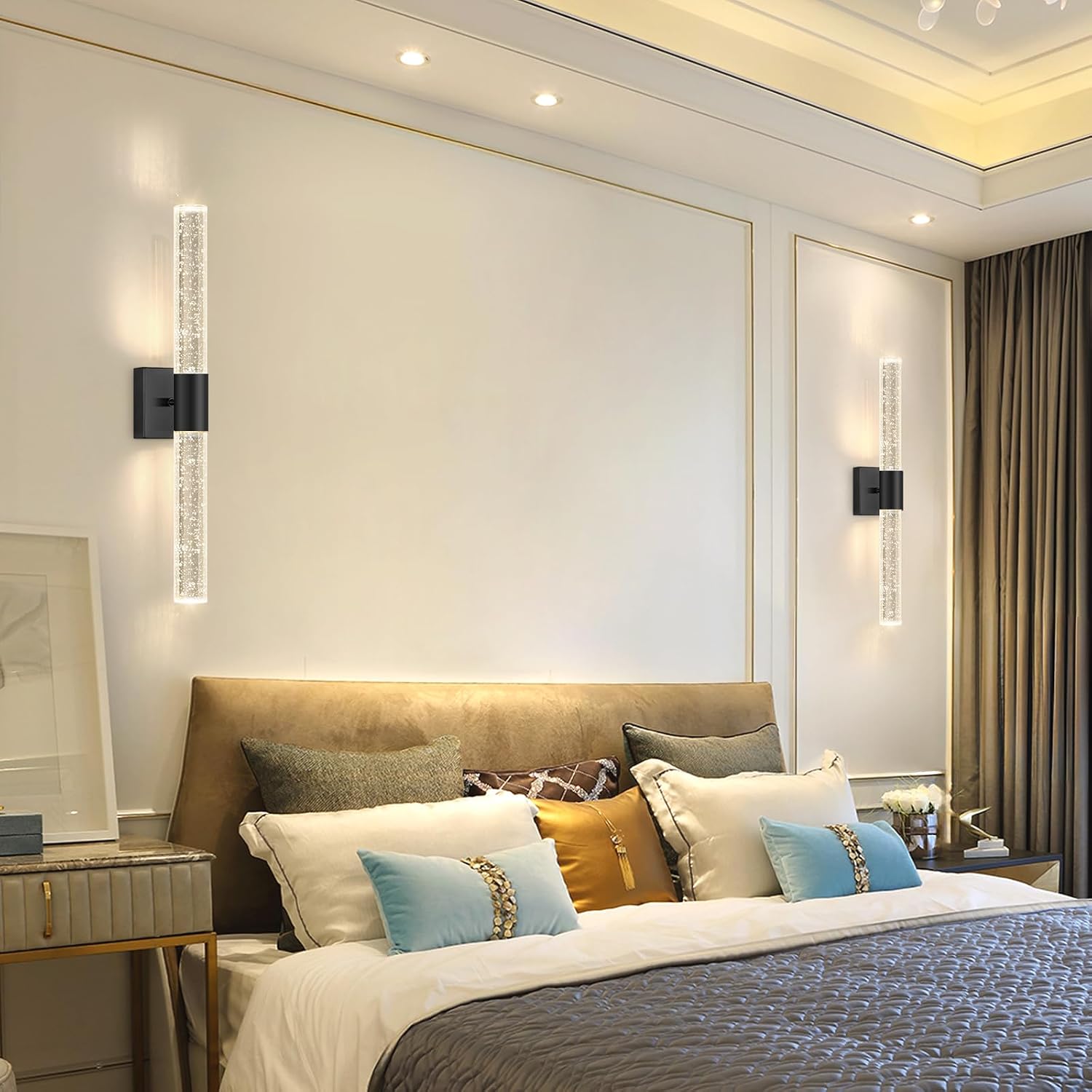 Black LED Wall Sconces Set of 2 with LED Warm Light Interior Glam Crystal Wall Light, Hardwired