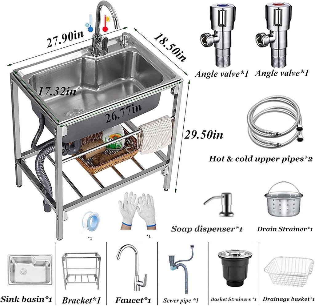 Utility Sink Free Standing Commercial Kitchen Stainless Steel Sink 1 Compartment Workbench Sink with Hot Cold Water Pipes Tap Anti-Overflow for Outdoor Garage Utility Room Laundry
