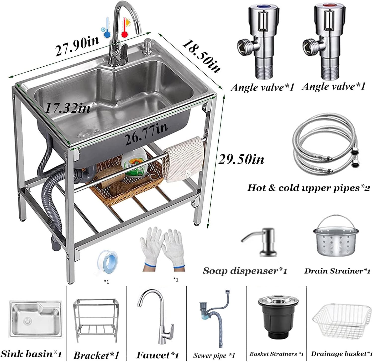 Utility Sink Free Standing Commercial Kitchen Stainless Steel Sink 1 Compartment Workbench Sink with Hot Cold Water Pipes Tap Anti-Overflow for Outdoor Garage Utility Room Laundry