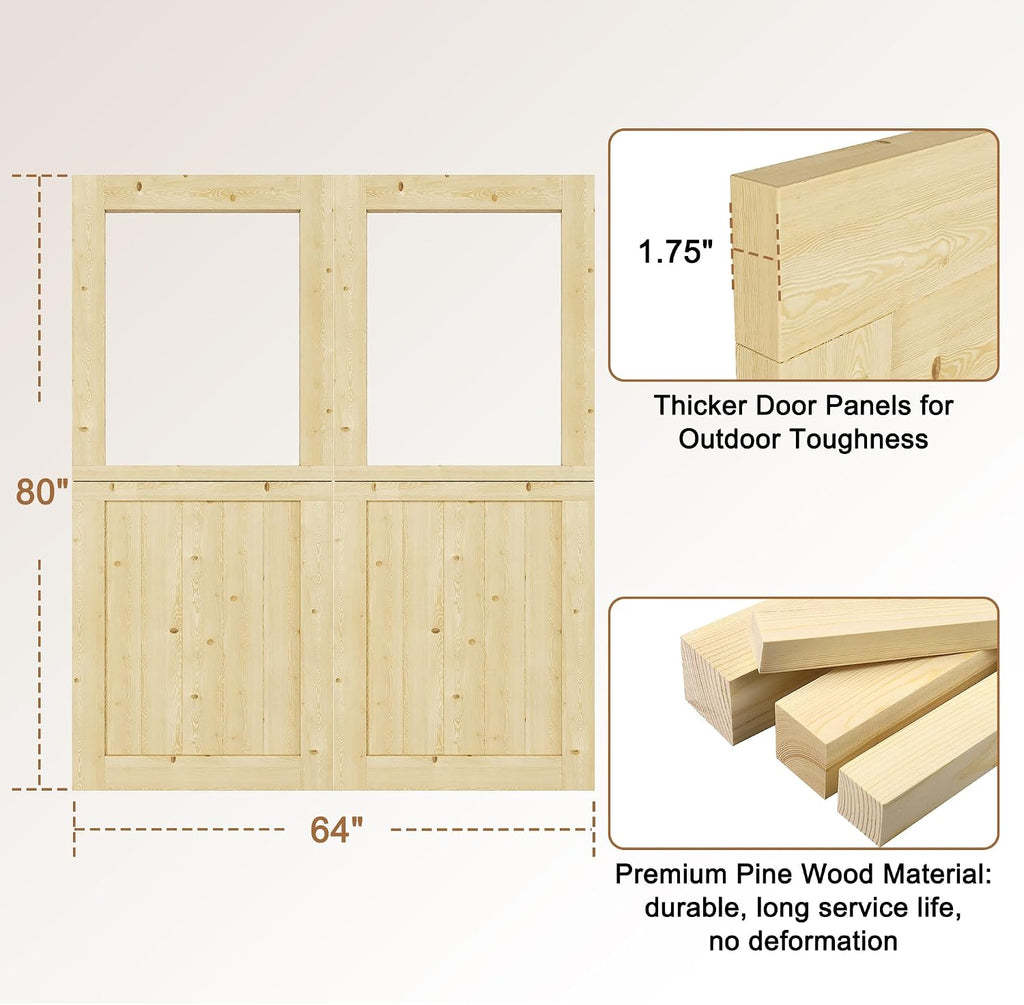 Interior & Exterior Double Dutch Door Slab, 64' x 80', Universal Tempered Clear Glass Split Single Doors, Solid Core Home Door, Natural Pine Wood - with 8 Black Hinges & 2 Latch, Without Jamb