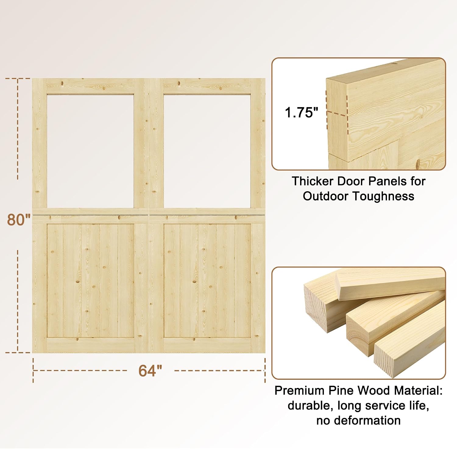 Interior & Exterior Double Dutch Door Slab, 64' x 80', Universal Tempered Clear Glass Split Single Doors, Solid Core Home Door, Natural Pine Wood - with 8 Black Hinges & 2 Latch, Without Jamb