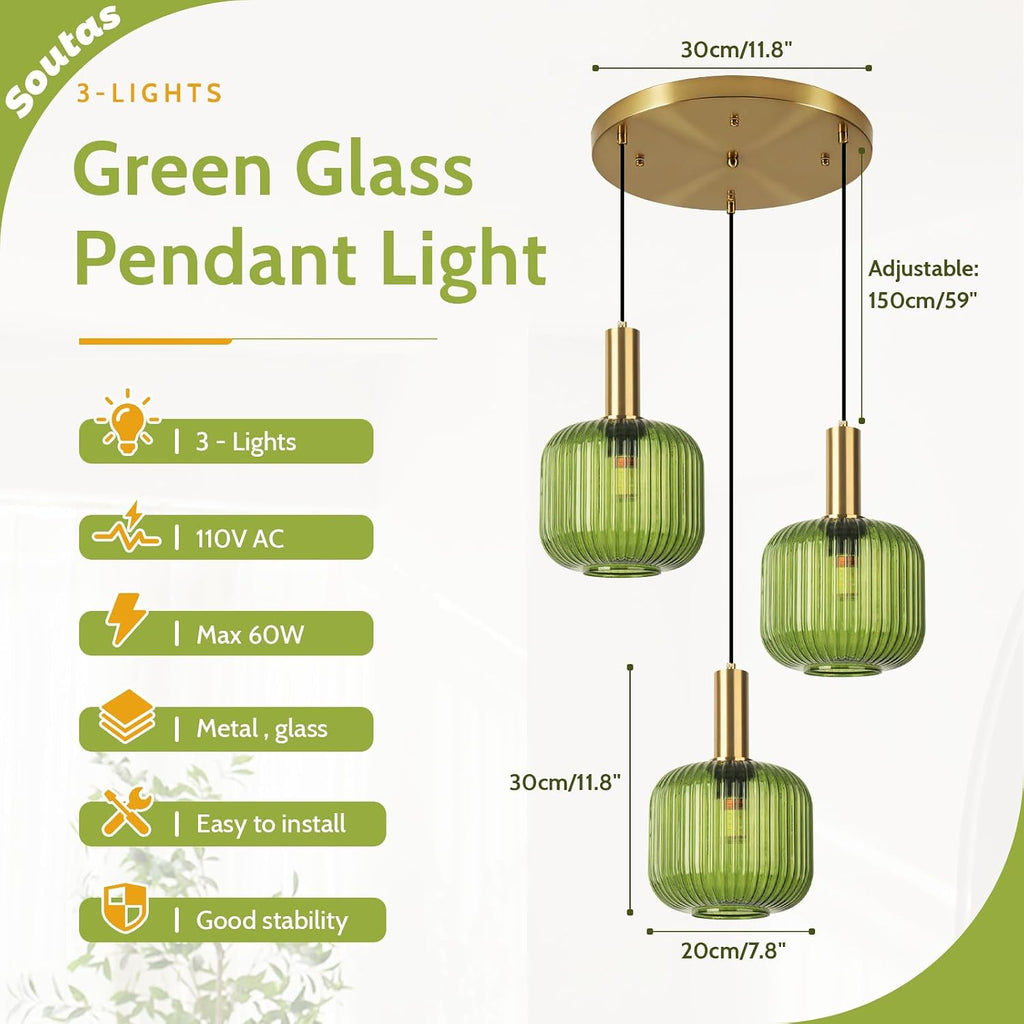 3-Light Dining Room Chandelier Lighting Green Glass Cluster Ceiling Light with Gold Metal Accent, Mid Century Vintage Chandelier for Farmhouse Stairwell Kitchen Island