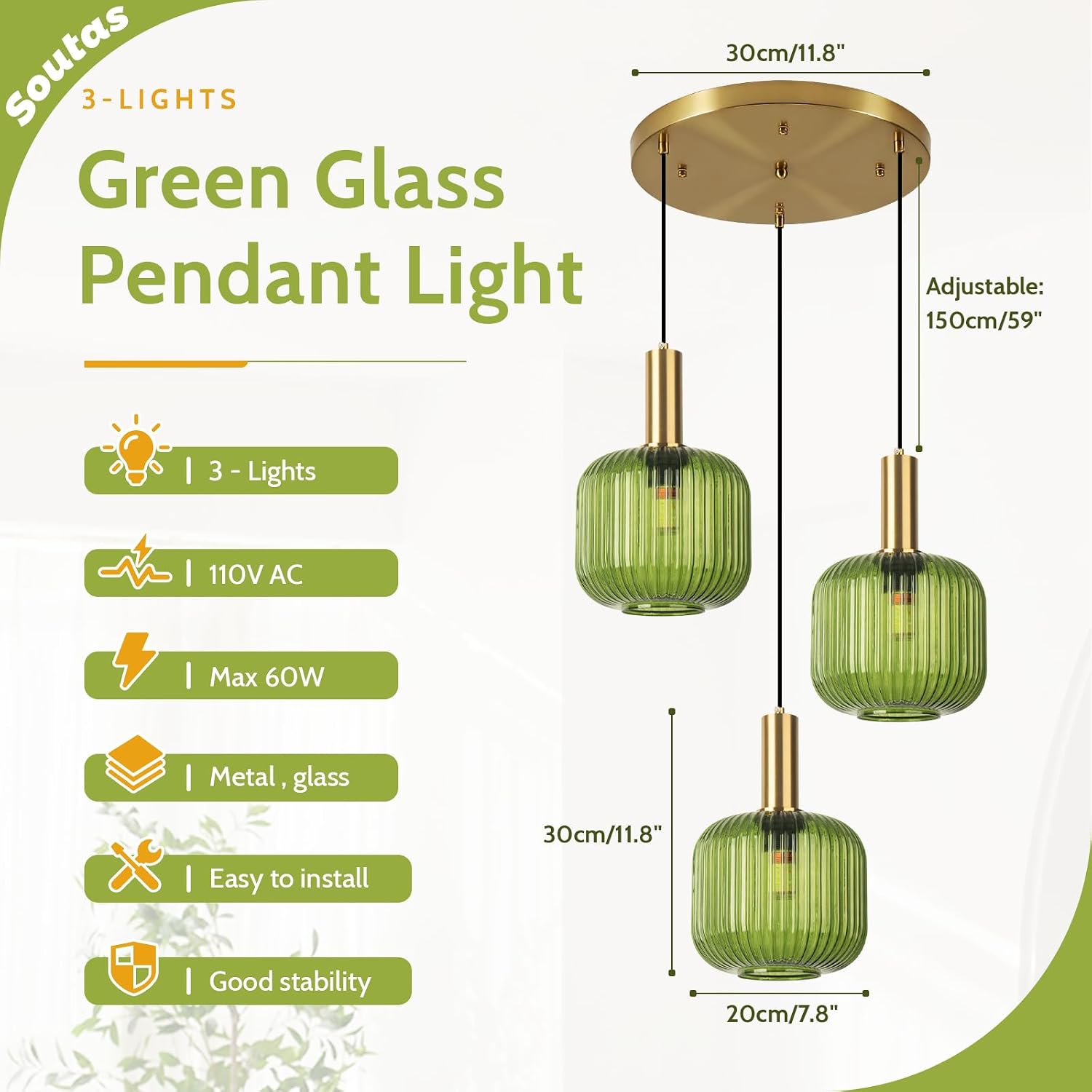 3-Light Dining Room Chandelier Lighting Green Glass Cluster Ceiling Light with Gold Metal Accent, Mid Century Vintage Chandelier for Farmhouse Stairwell Kitchen Island