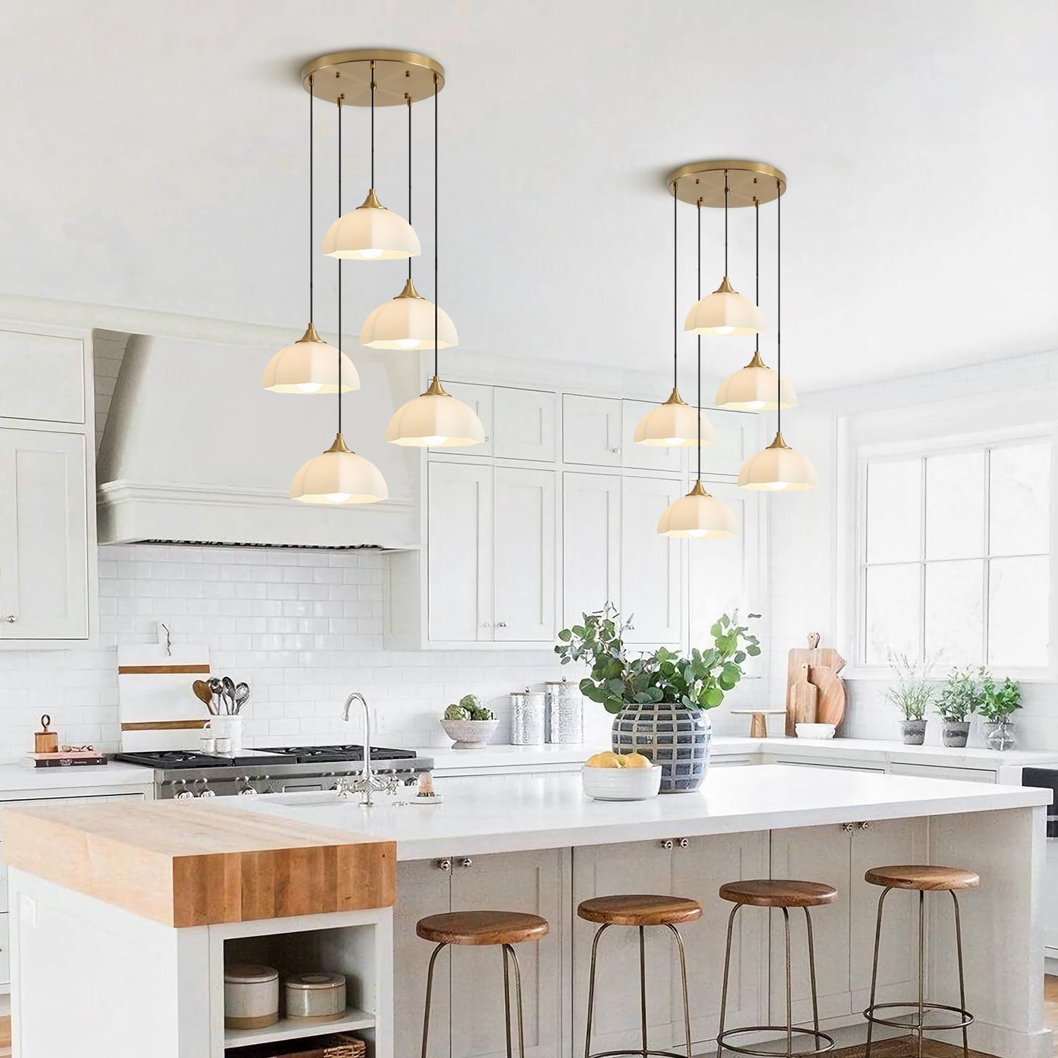 Modern 5 Light Brushed Gold Pendant Lighting Mid Century Milk Glass Cluster Pendant Lights Kitchen Island Adjustable Brass Hanging Chandelier Vintage White Ceramic Light Fixture MPL17-5R GD