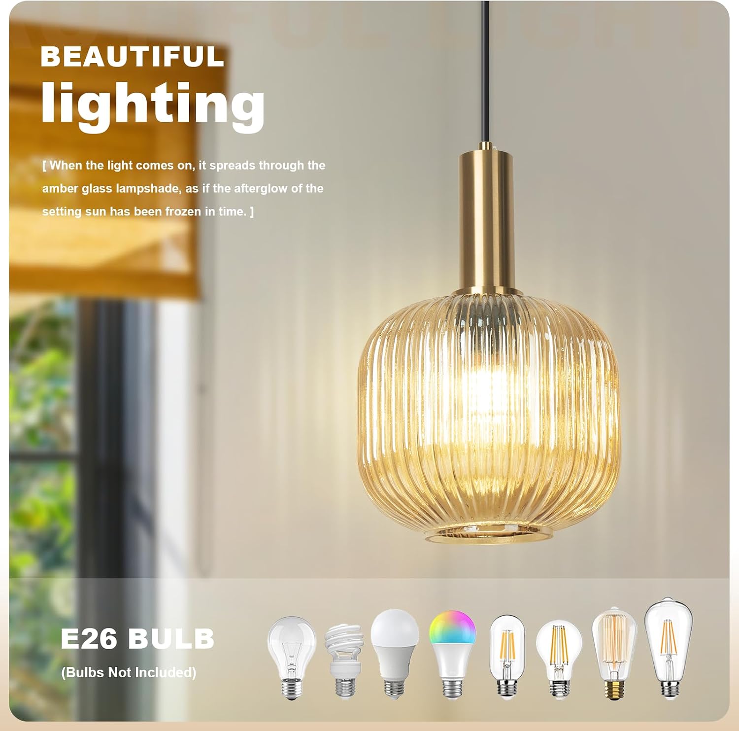 Amber Glass Plug in Pendant Light 2 Pack, Mid-Century Modern Gold Hanging Lamp, Ribbed Globe Hanging Light Plug in Swag Lights for Kitchen Island, Dining Room, Living Room, Bedroom