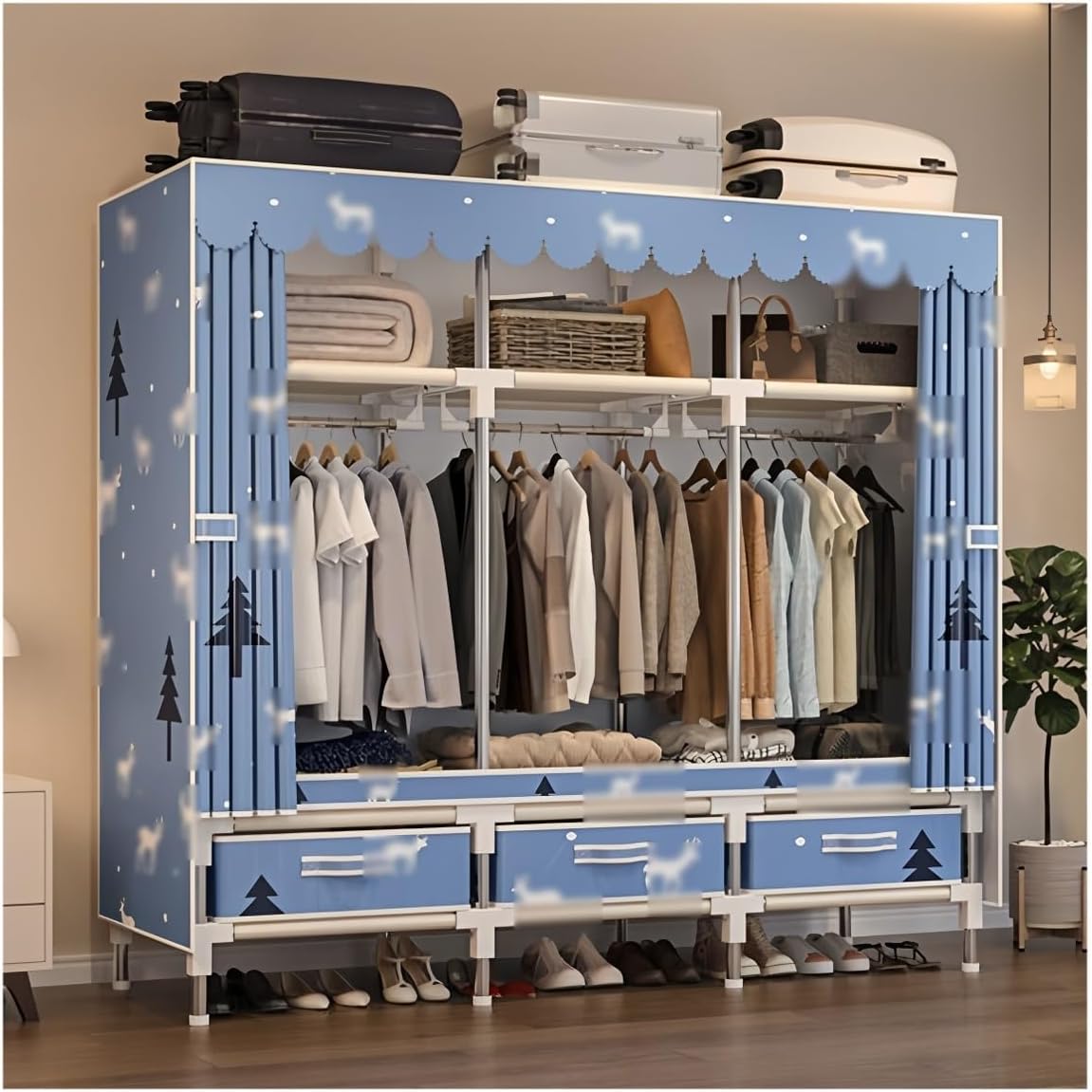 Closet Wardrobe Portable Clothes Closet with Drawer Boxes Shelves Clothing Storage with Hanging Rack Storage Organizer for Cloakroom Bedroom Entrances(Blue,150x45x165CM)
