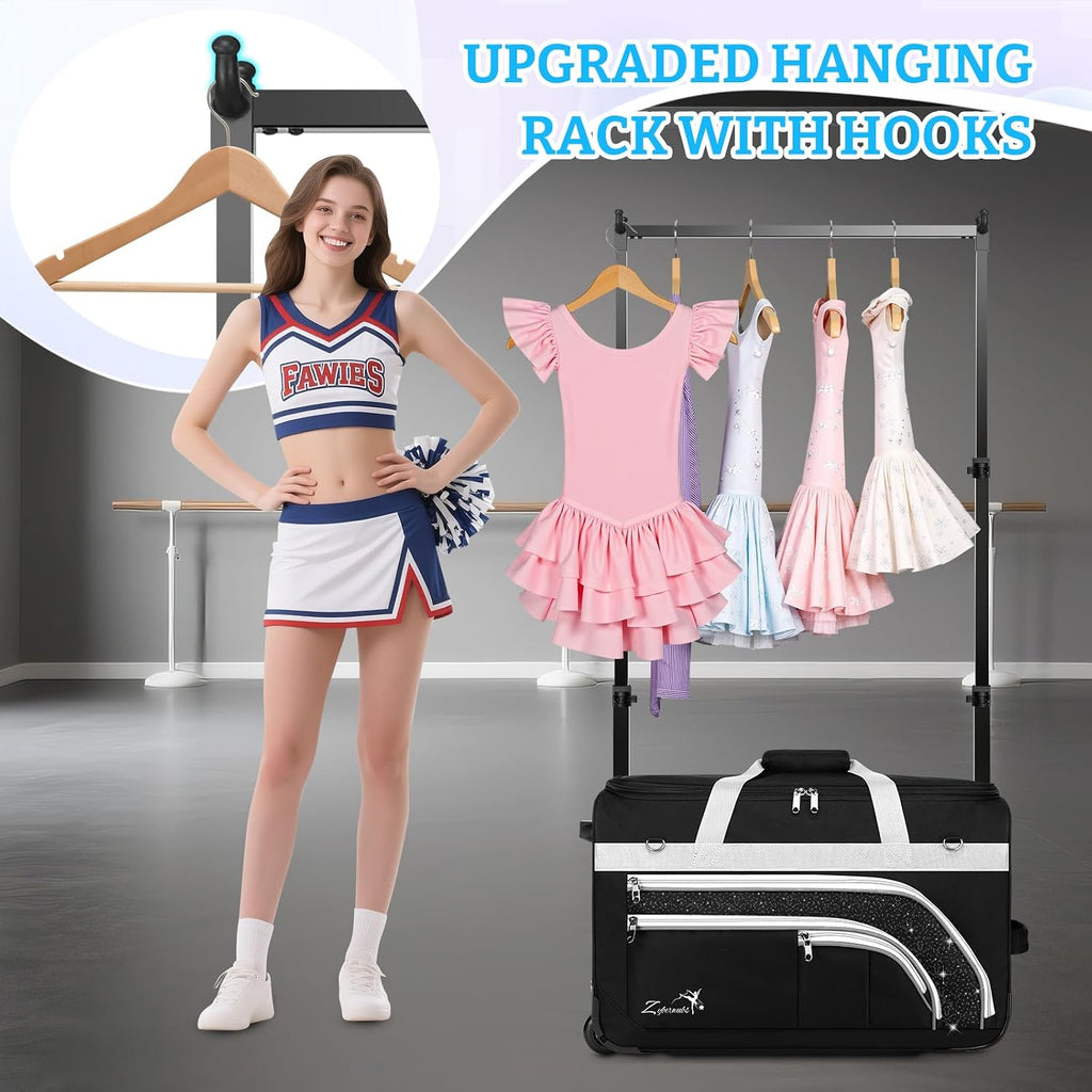 Dance Bag with Garment Rack - 23 Inch Professional Dance Competition Duffle Bag with Rack - Wheeled Dance Suitcase with Multiple Pockets for Dancers, Athlete, Travelers, and Livestreamer