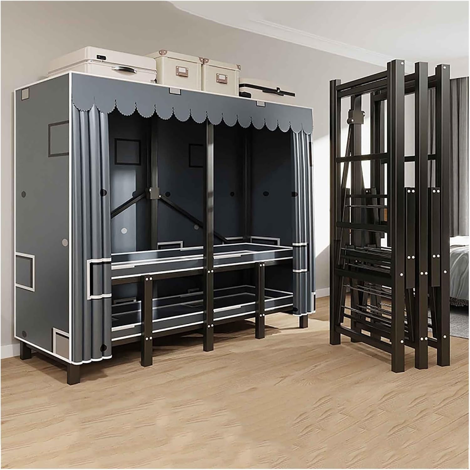 Wardrobe Closets With Cover, Foldable Garment Rack With Hanging Rods, Metal Standing Clothes Rack, One-Piece Folding Base, Freestanding Clothing Rack, For Bedroom(Blue,130cm/51.2nch)