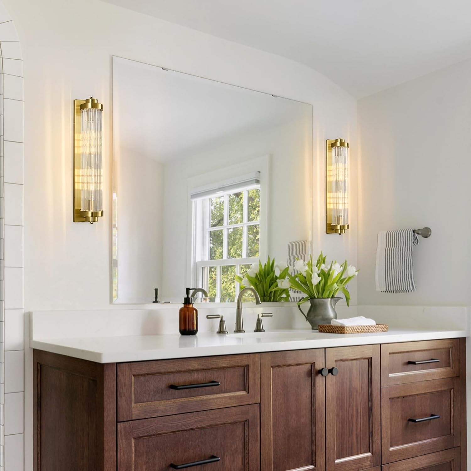 Gold Wall Sconces Set of Two with Crystal Glass Strip Bathroom Sconces 2 Light E12 Base Modern Wall Lights for Bedroom Living Room Hallway Wall Light Fixtures