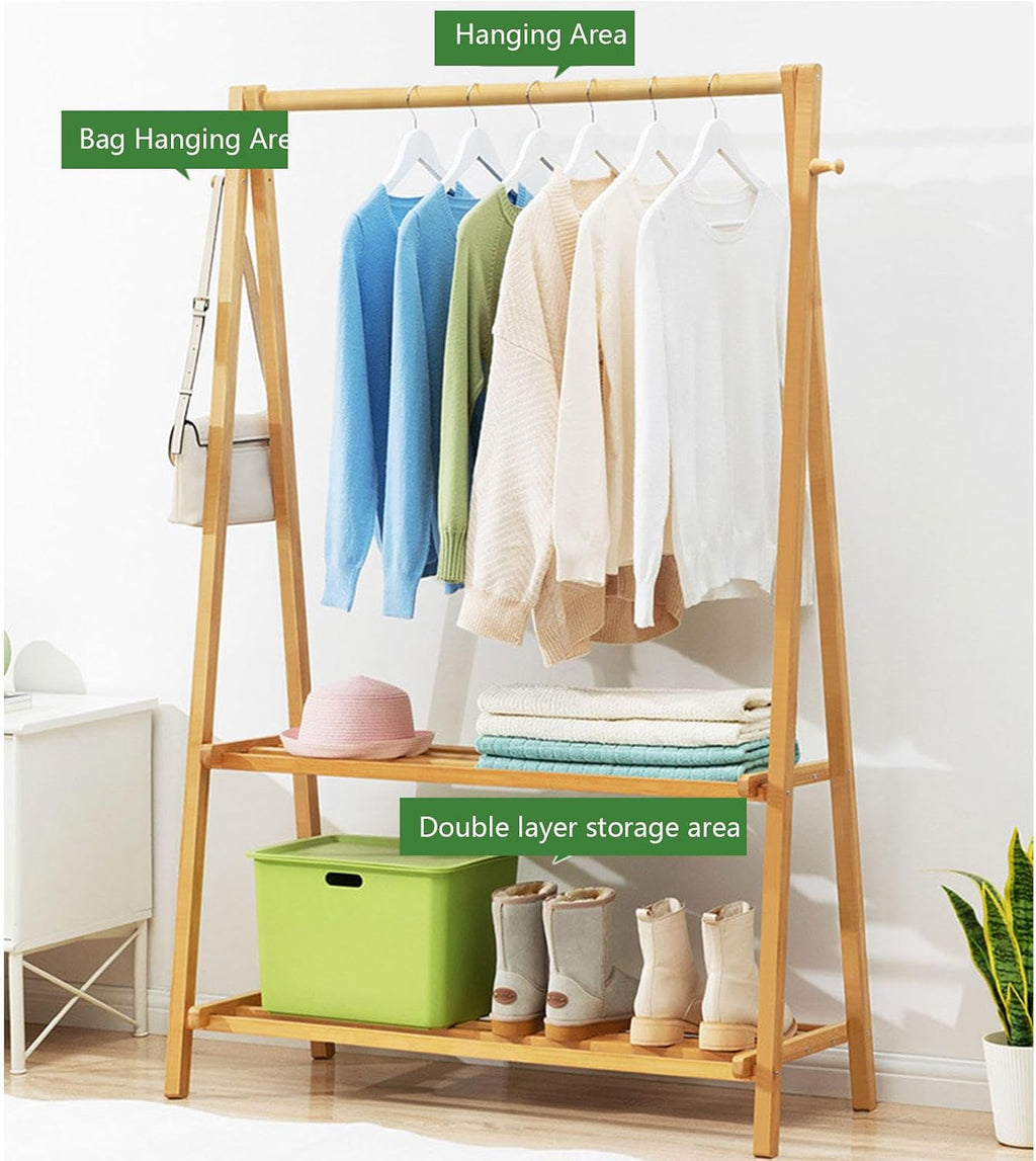 3 In 1 Bamboo Coat Stand Hanging Clothes Rail Shoe Storage Shelves Garment Rack Foldable Freestanding Clothes Hat Hanger Stand For Entryway Bedroom Hallway,Woodcolor,106 * 40 * 160cm