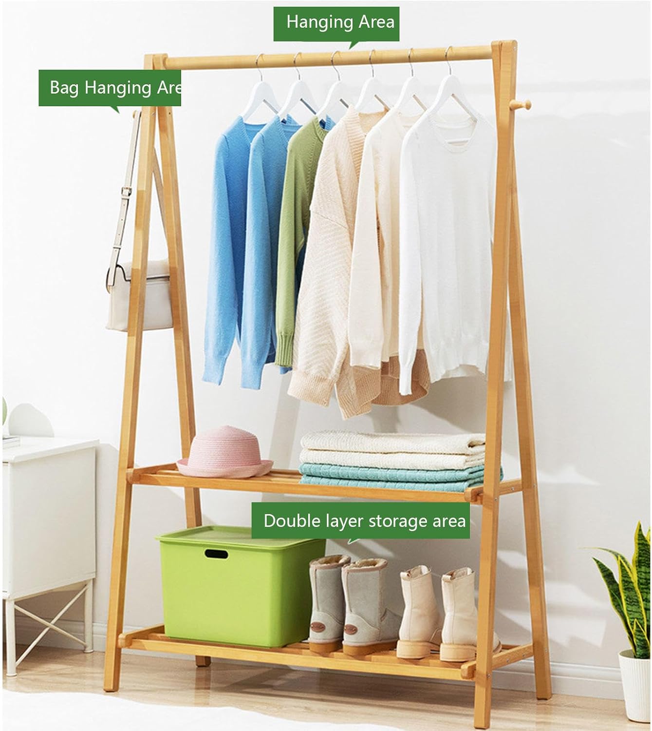 3 In 1 Bamboo Coat Stand Hanging Clothes Rail Shoe Storage Shelves Garment Rack Foldable Freestanding Clothes Hat Hanger Stand For Entryway Bedroom Hallway,Woodcolor,106 * 40 * 160cm