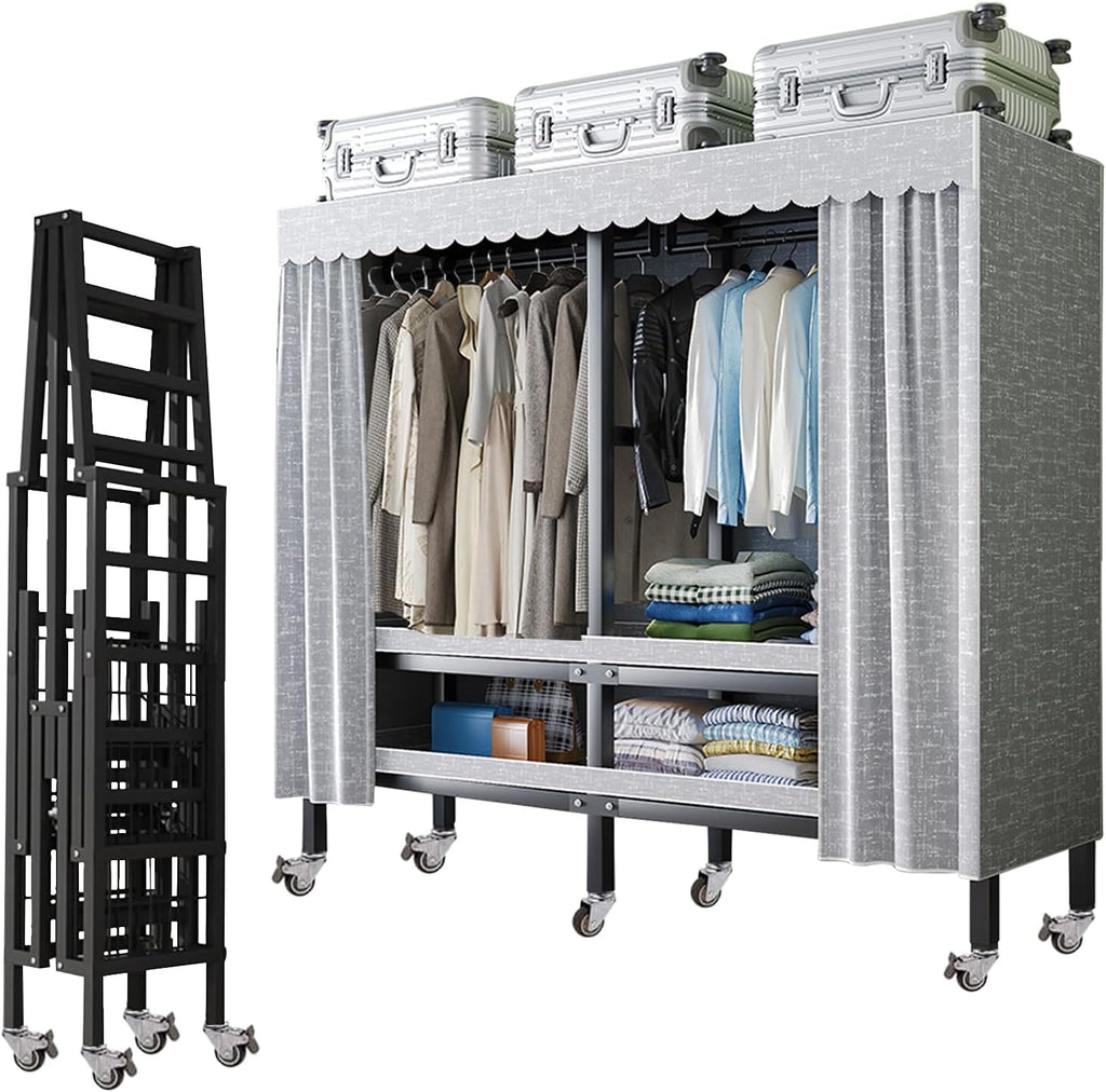 Heavy Duty Rolling Covered Metal Garment Rack with Lockable Wheels and Door, Load 2000lbs, Portable Closets for Hanging Clothes, Large Capacity 360°Enclosed Clothing Racks (125cm/49.2in)