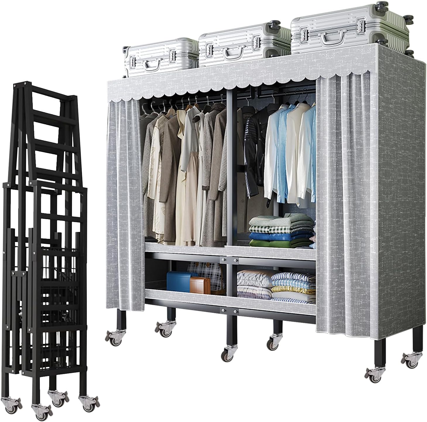 Heavy Duty Rolling Covered Metal Garment Rack with Lockable Wheels and Door, Load 2000lbs, Portable Closets for Hanging Clothes, Large Capacity 360°Enclosed Clothing Racks (125cm/49.2in)