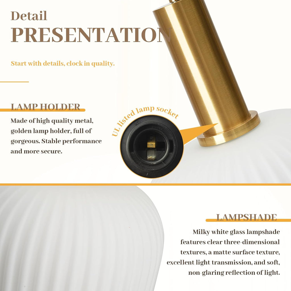 Milk Glass Pendant Light, Mid Century Modern Pendant Lighting with Striped Glass Globe, White and Gold Pendant Ceiling Light Fixture for Kitchen Island Dining Room Bedroom Hallway