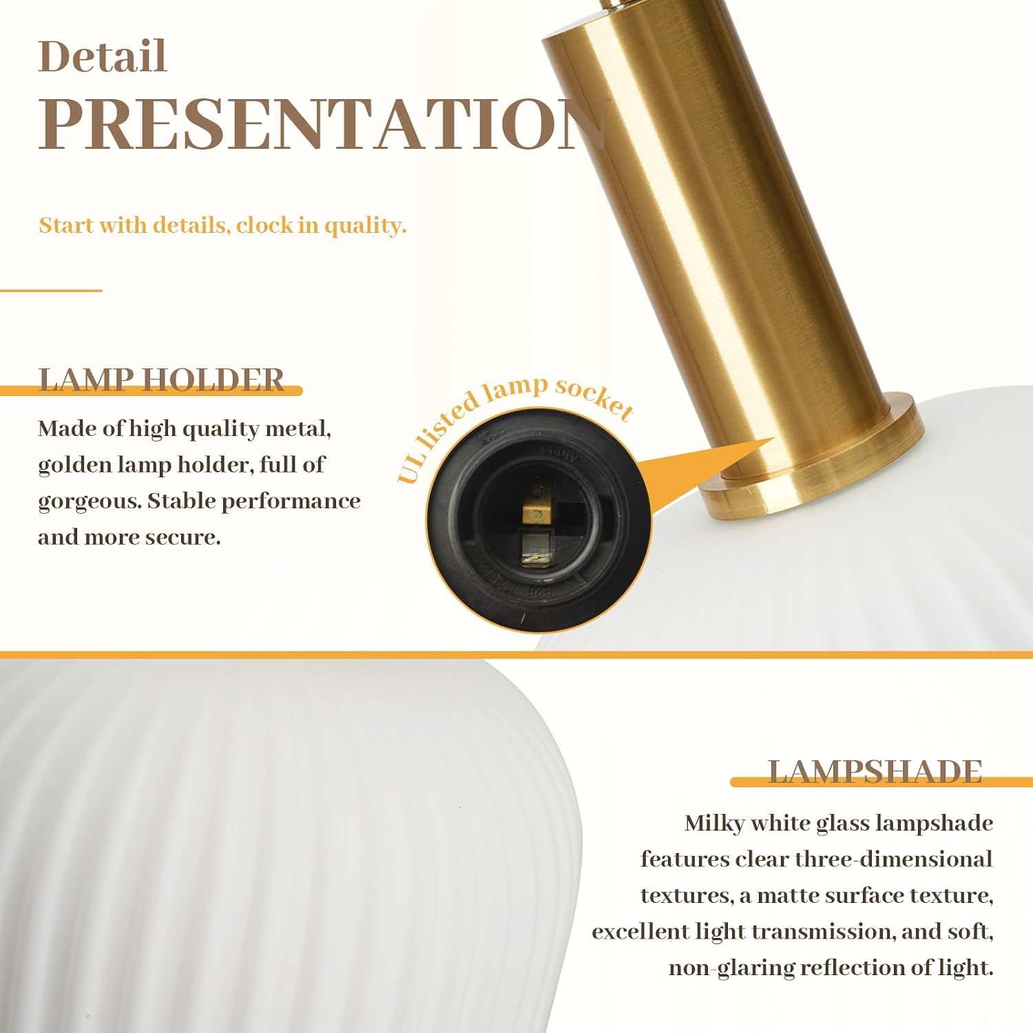 Milk Glass Pendant Light, Mid Century Modern Pendant Lighting with Striped Glass Globe, White and Gold Pendant Ceiling Light Fixture for Kitchen Island Dining Room Bedroom Hallway